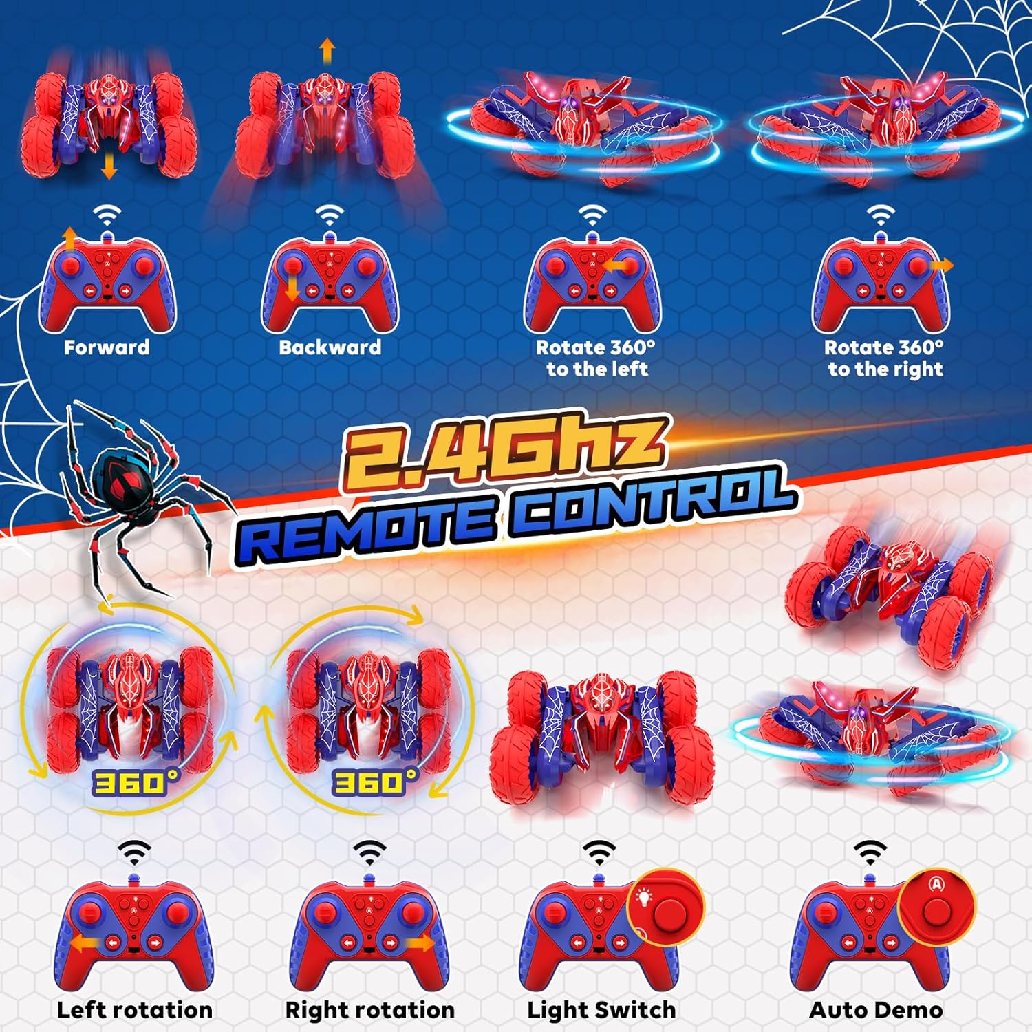 Spider Remote Control Cars for Boys 4-7, 360° Spinning RC Stunt Car with 2 Batteries Cool Lights Toys Birthday Gift for Boys 4 5 6 7 8 9 10 11 12 Year Old