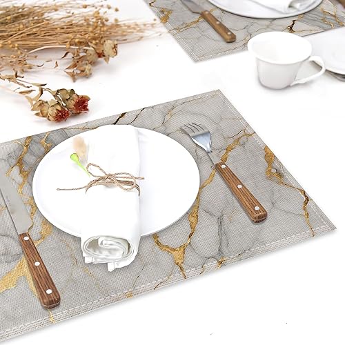 Miniatura 6 de Juego de 6 manteles individuales, manteles individuales de lino con diseño abstracto y dorado, resistentes al calor, lavables, para decoración de