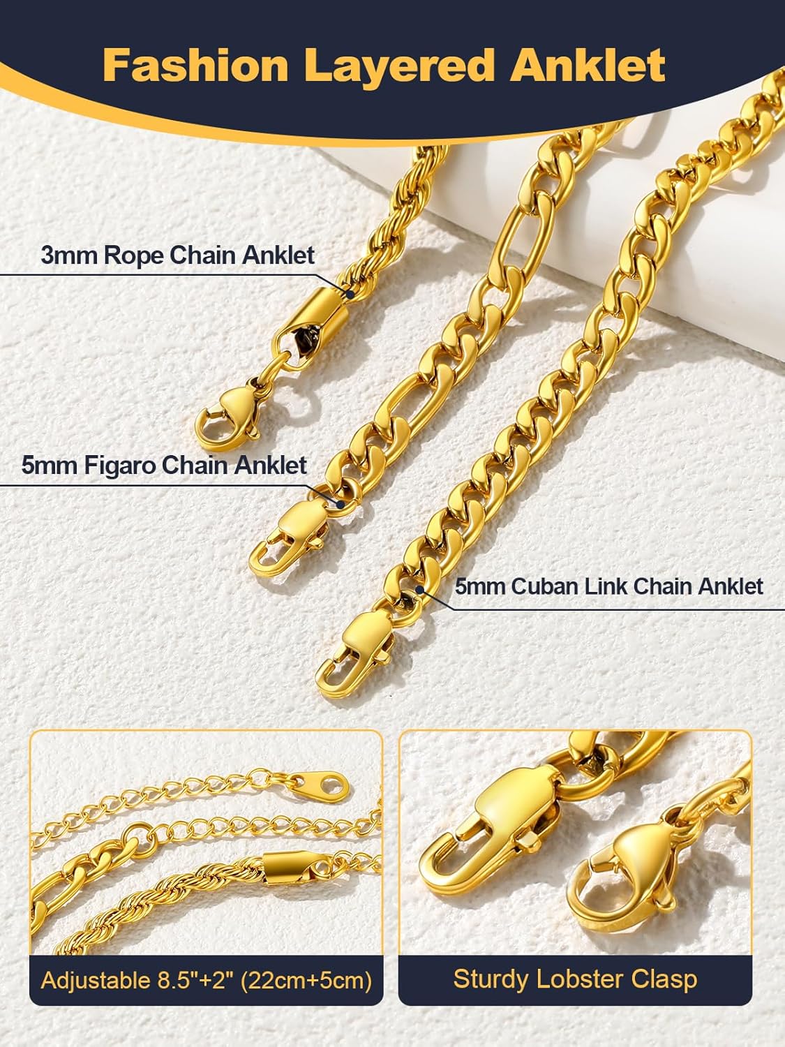 U7 2Pcs/3Pcs Ankle Bracelets for Women, Stainless Steel Cuban Link/Figaro/Rope/Heart Chain Anklets Sets,Waterproof Layered Anklets Adjustable 8.5"-10.5"