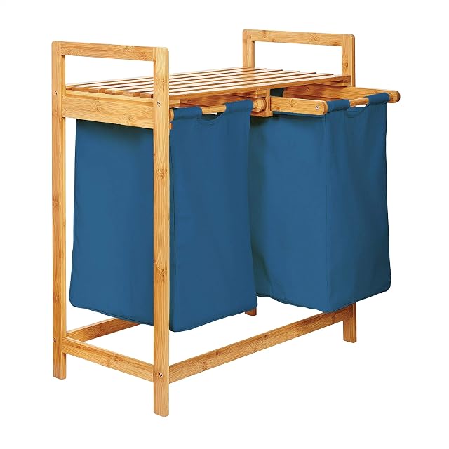 Lumaland Bamboo Laundry Basket with 2 extendable laundry bags | Size approx. 73 cm height x 64 cm width x 33 cm depth, Colour: Blue