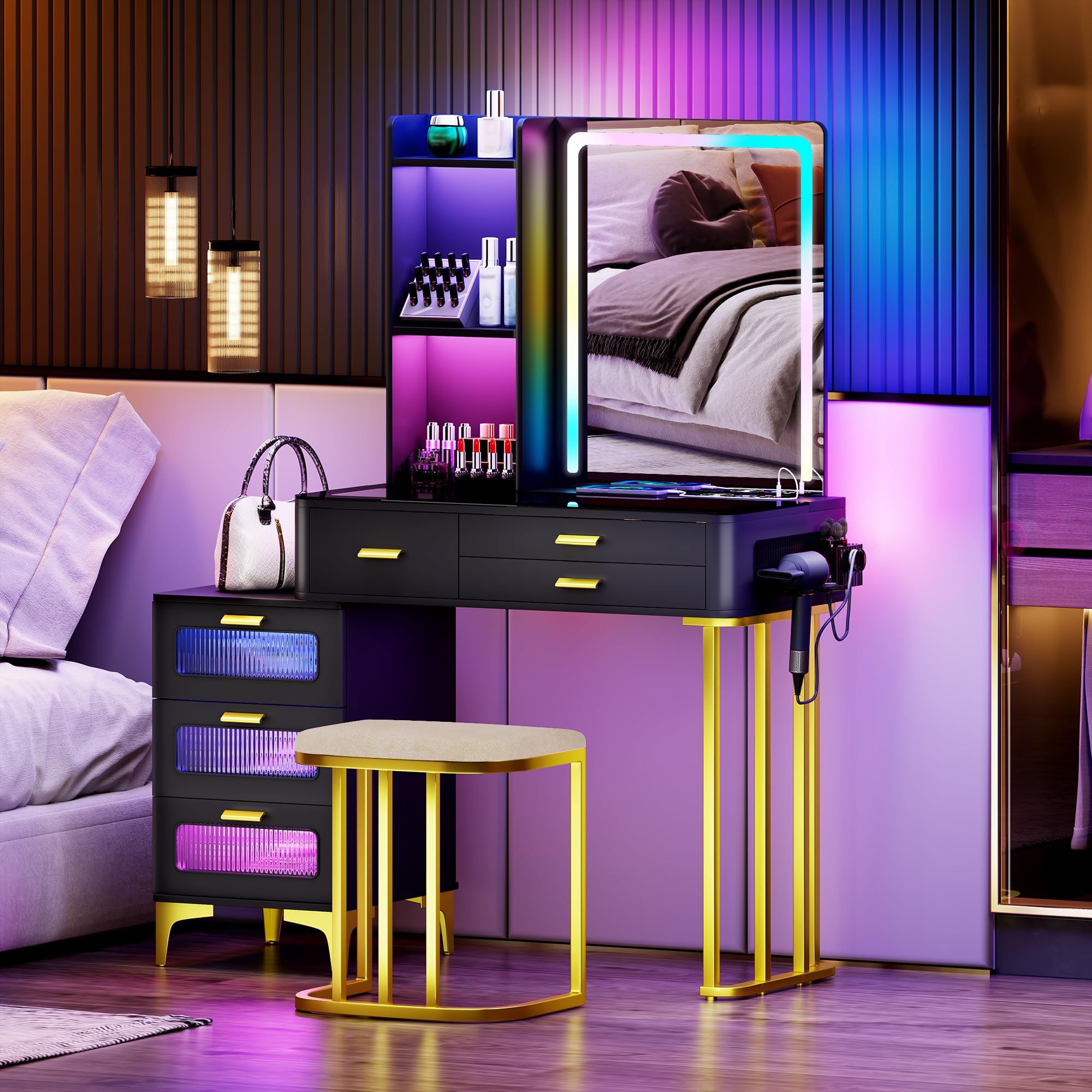 Makeup Vanity Desk with Lights: Vanity Table with Mirror - Dressing Table with Wireless Charging Station & RGB Lights Mobile Vanity with Drawer Glass-Top Design Girls Black Vanity for Bedroom