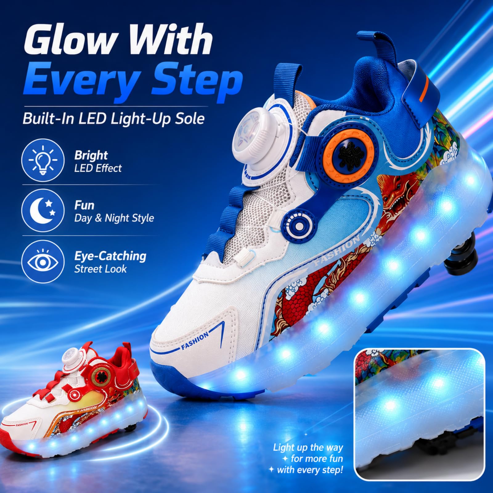 JJDFW 2-in-1-Schuhe für Kinder, zweireihig, abnehmbar, mit LED-Lichtern, Mesh-Obermaterial mit Drehverschluss und Drachen-Druck, 2-in-1-Schuhe, Weiß, Rot, Weiß, Blau