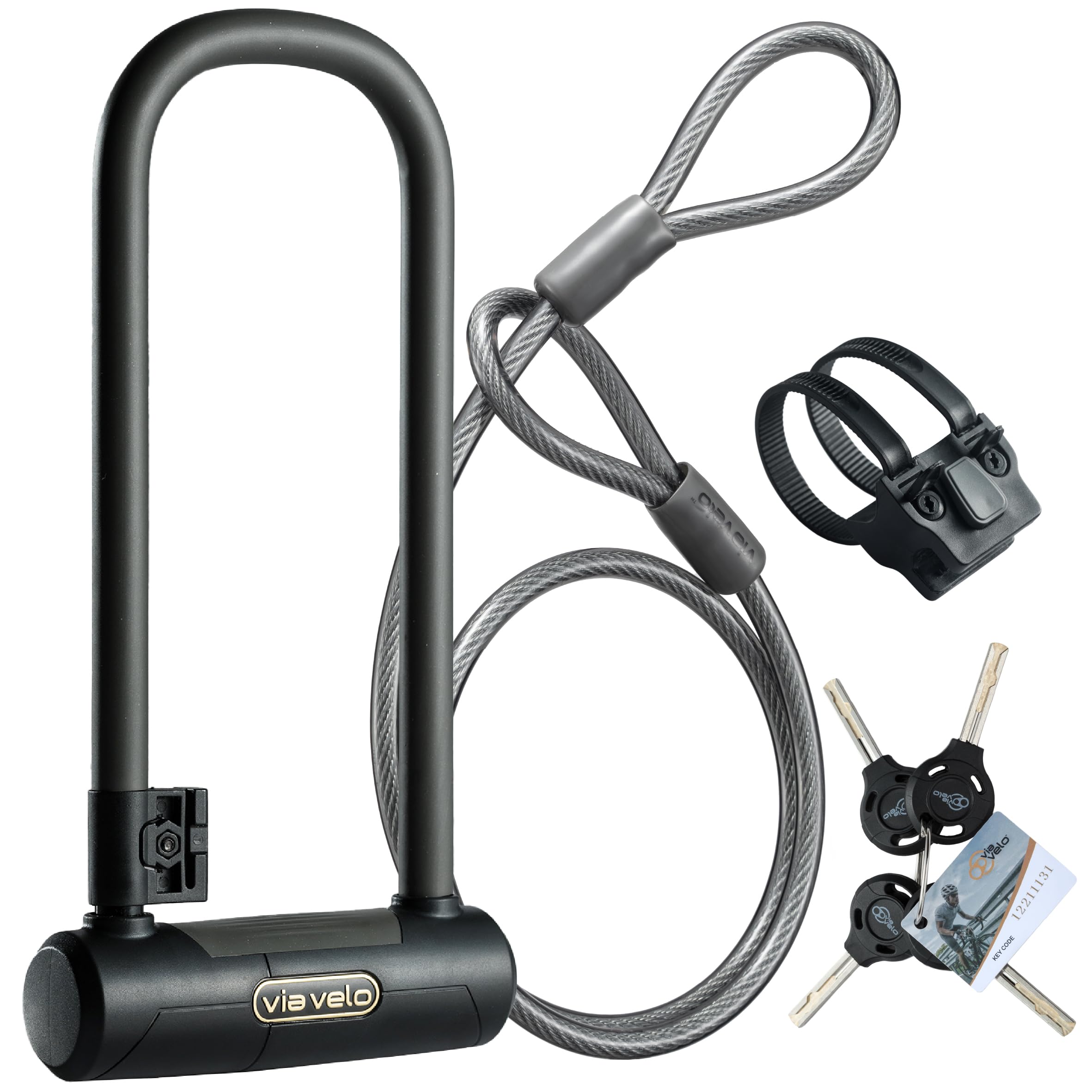 Via Velo Bike U Lock with Cable | Pro U Lock 20CrMnTi Steel Anti-Theft Lock with Bracket and 1.2m Cable and Sold Secure Gold Approval for Road, Mountain, Electric, Folding Bikes and Electric Scooters