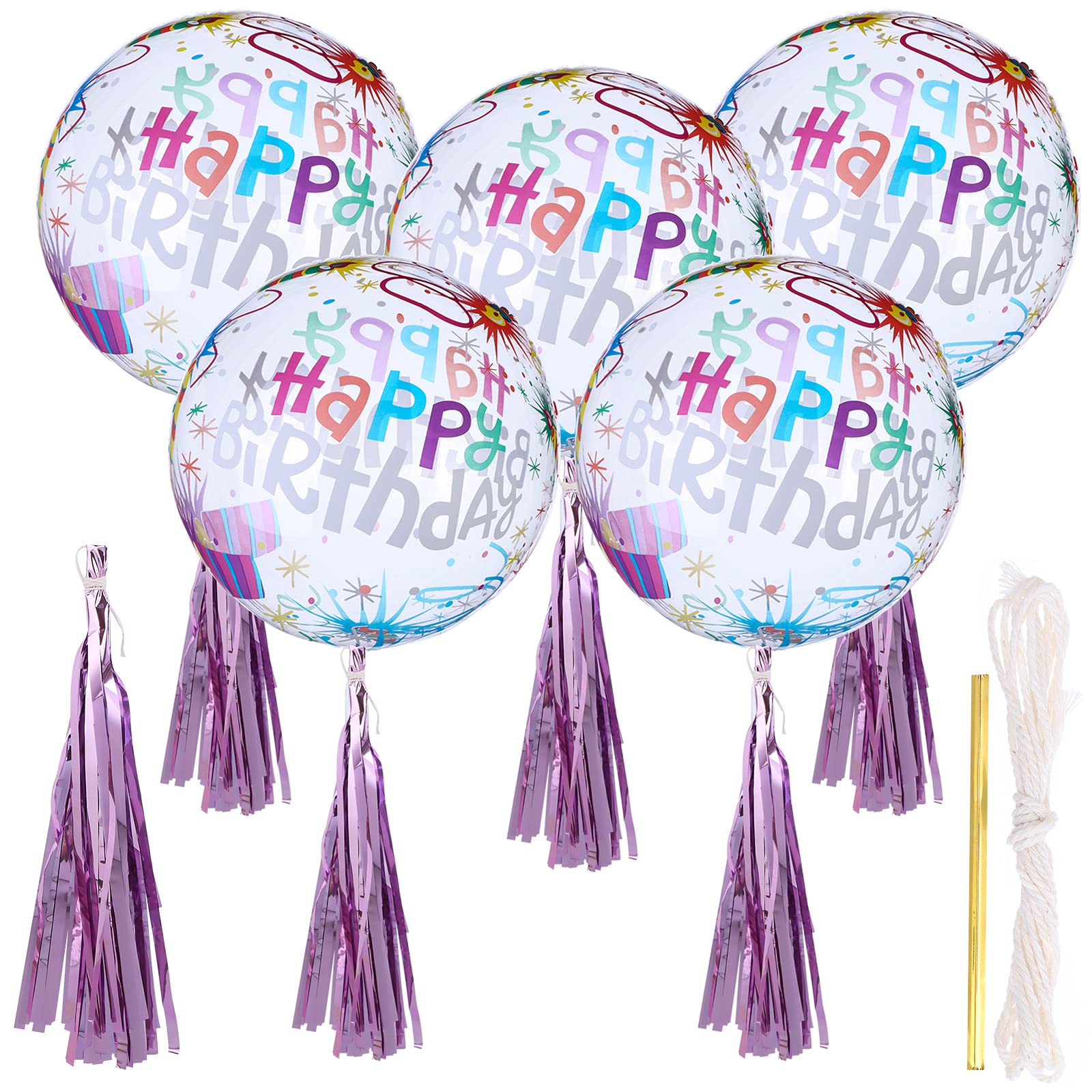 5 Pack Large Happy Birthday BoBo Balloons Transparent Bobo Bubble Balloons with Purple Tassels 45cm Birthday Balloons for Gift, Birthday Balloons Set for Baby Shower Party Supplies