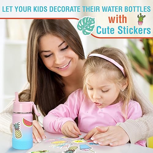 Miniatura 9 de CHILLOUT LIFE Botella de agua aislada con tapa con popote para niños y adultos + 20 divertidas calcomanías impermeables, perfecta para personalizar