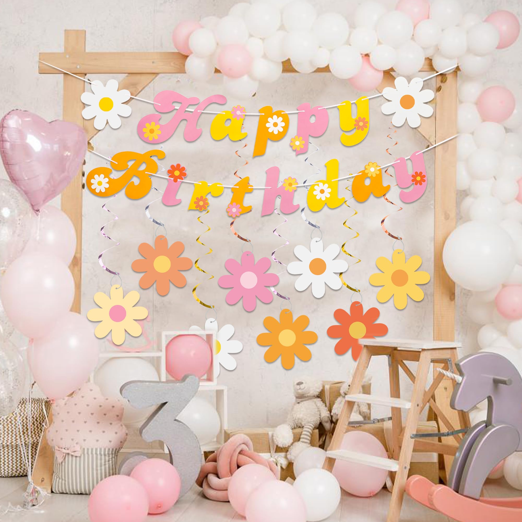 Groovy Birthday Party Decorations - Boho Happy Birthday Banner With Hanging Swirls For Hippie Theme