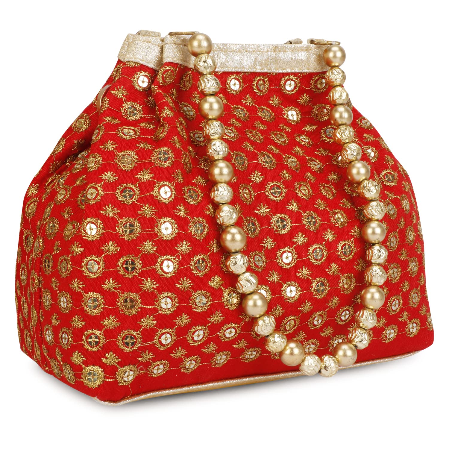 Indian Ethnic Designer Embroidered Silk Potli Bag Batwa Pearls Handle Purse (Red wd beads)