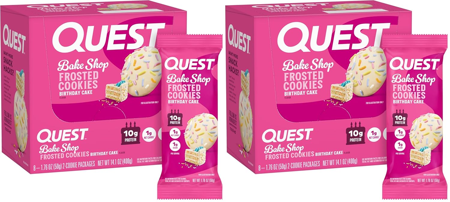 Quest Nutrition Frosted Cookies Twin Pack, Birthday Cake, 1g Sugar, 10g Protein, 1g Net Carbs, Gluten Free, 16 Cookies, (Pack of 2)