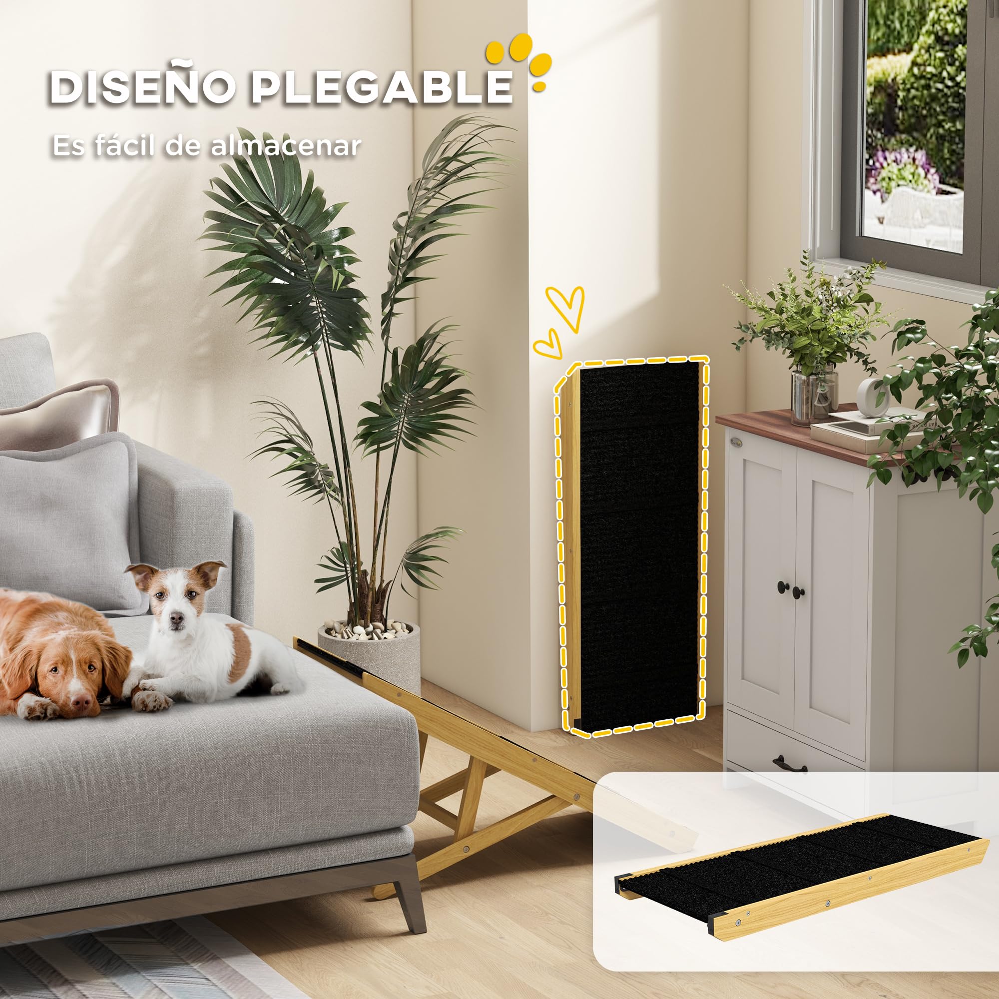 PawHut Rampa para Perros Plegable Rampa para Mascotas de Madera con Altura Ajustable en 4 Niveles para Perros Pequeños y Medianos 83,5x35x47,5 cm Natural