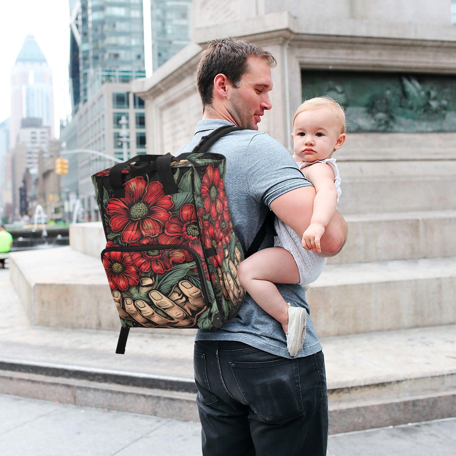 Flores Rojas Floreciendo Natural Mochilas de Pañales para Gran Capacidad Pañal Bolso Mochila para Viajar al Aire Libre Mamá y Papá