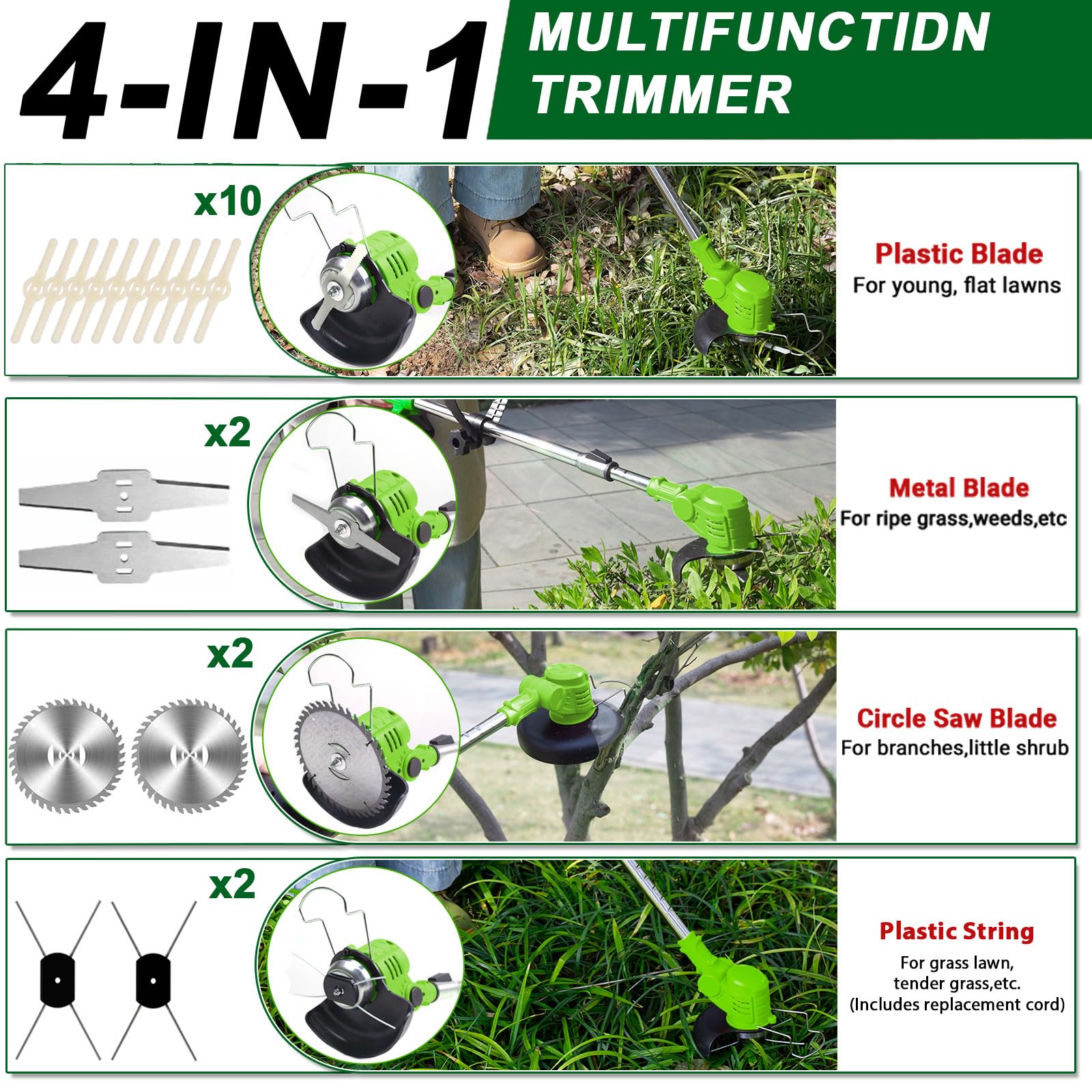 Desbrozadora Bateria 21V Desbrozadora Electrica con 2 4.0Ah Baterías y 4 Cuchillas, Cortabordes Bateria 4 en 1 con Mango Retráctil y Rotación de Cabezal de 90° para Césped Jardín Poda,Green