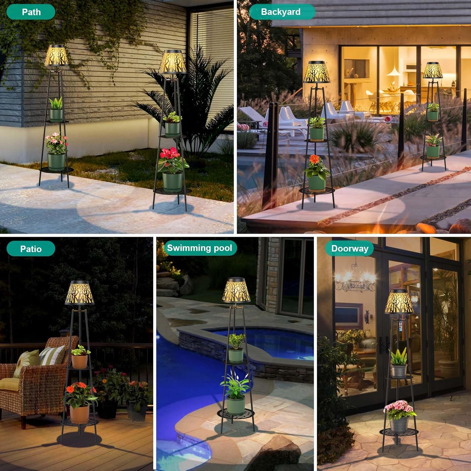 2 Pack Metal Solar Floor Lights Outdoor with Plant Stands, 45.5'' Solar Powered Street Lights, Solar Lantern for Garden Yard Pathway Driveway Porch
