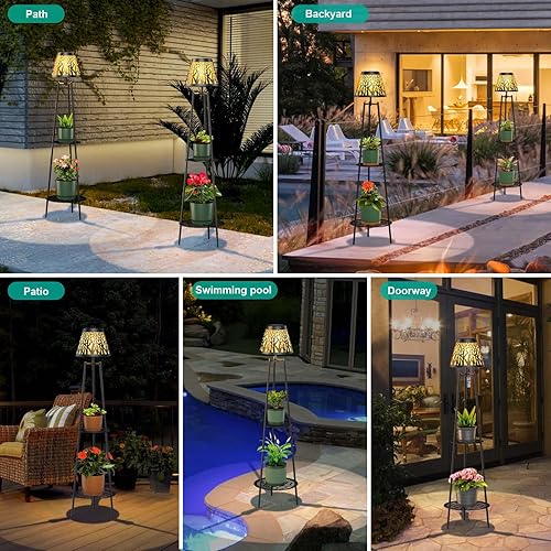 Miniatura 6 de MXwcy Paquete de 2 Luces Solares de Piso de Metal para Exteriores con Soportes para Plantas, 45.5'' Luces de Calle Alimentadas por Energía Solar,