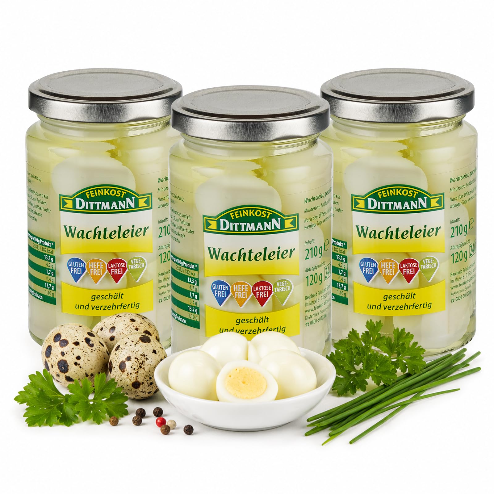 Feinkost Dittmann Wachteleier 220g Glas – 3er Pack | Delikatesse in salzig-saurer Lake, lange haltbar, mini Eier, Quail Eggs