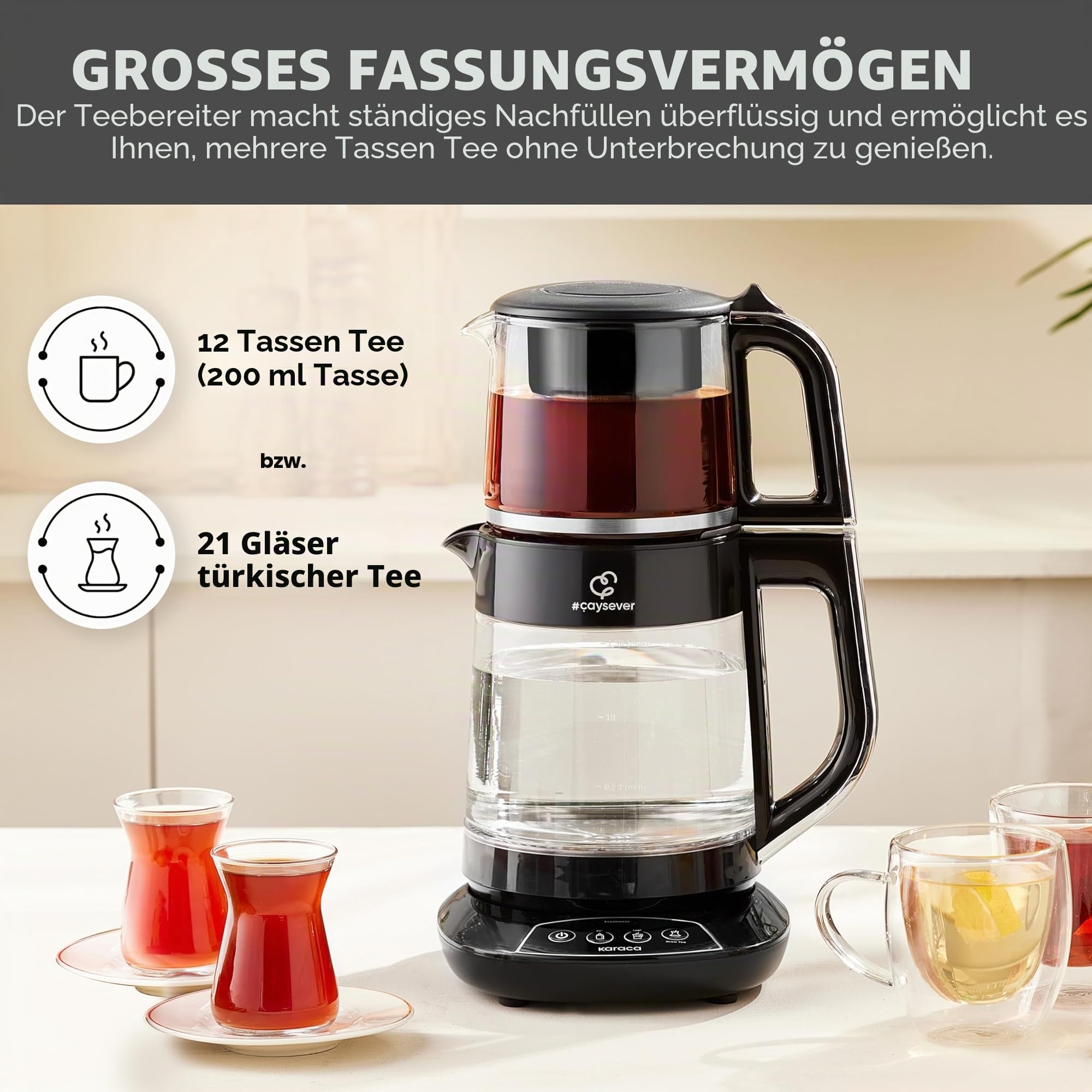 Karaca Caysever Maschine, Stahl, Chrome 1700 W, BPA-frei, 0,8 Lt Fassungsvermögen Glas-Teekanne, 1,5 Lt Fassungsvermögen Wassertank, Wasserzubereitung