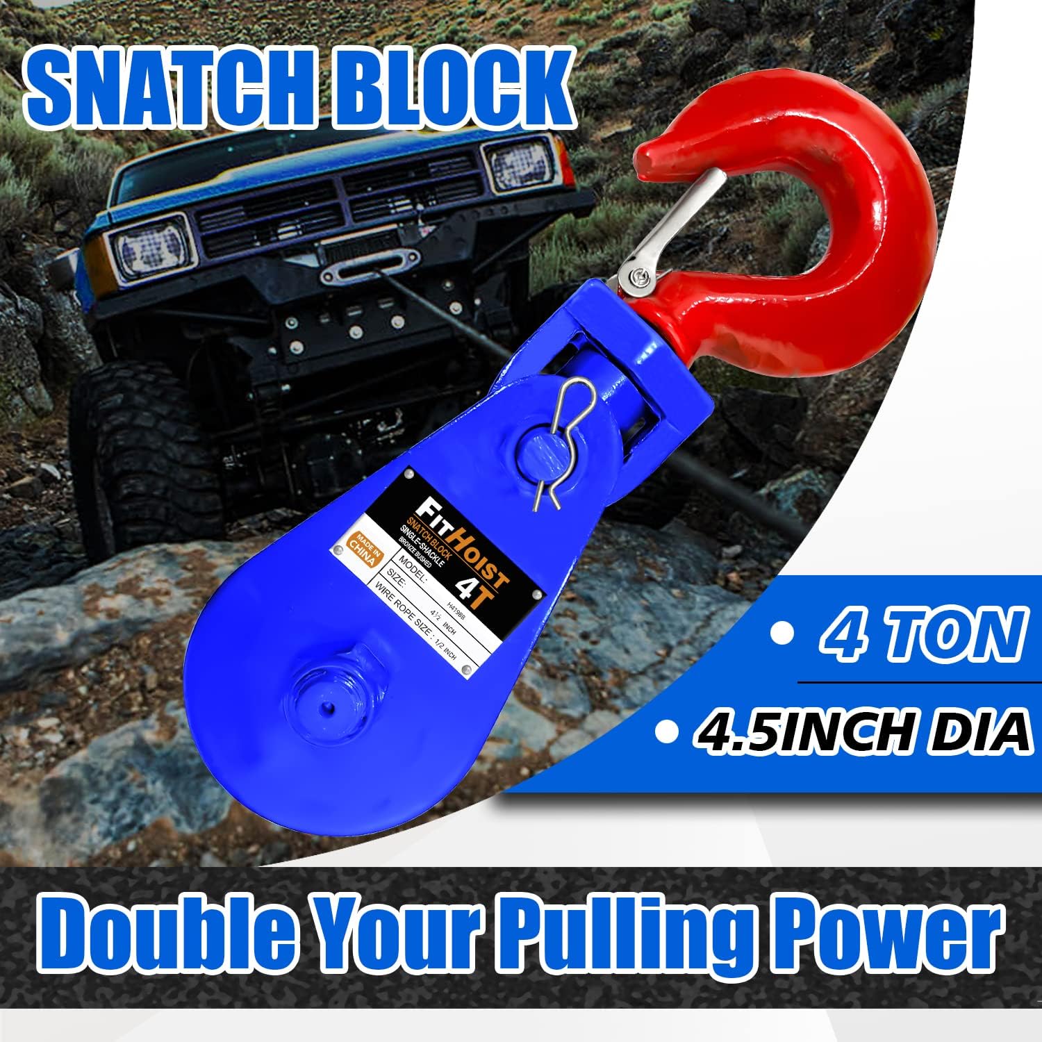 4Tons(8800lbs) Snatch Block with Hook | 4 1/2" Sheave for 1/2" Inch Wire Rope | High Strength Snatch Blocks for Towing and Recovery Applications | Tow Truck Rollback Wrecker Car Hauler Winch - Image 2