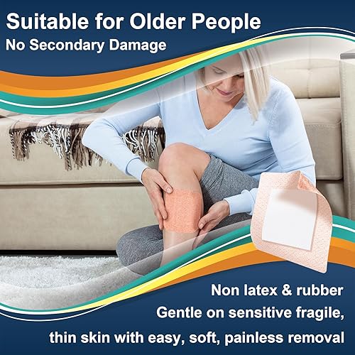 Miniatura 3 de Vendajes adhesivos de silicona de tamaños extra grandes para pieles sensibles y frágiles de 4 x 4 pulgadas, 15 unidades, tela flexible, sin látex,