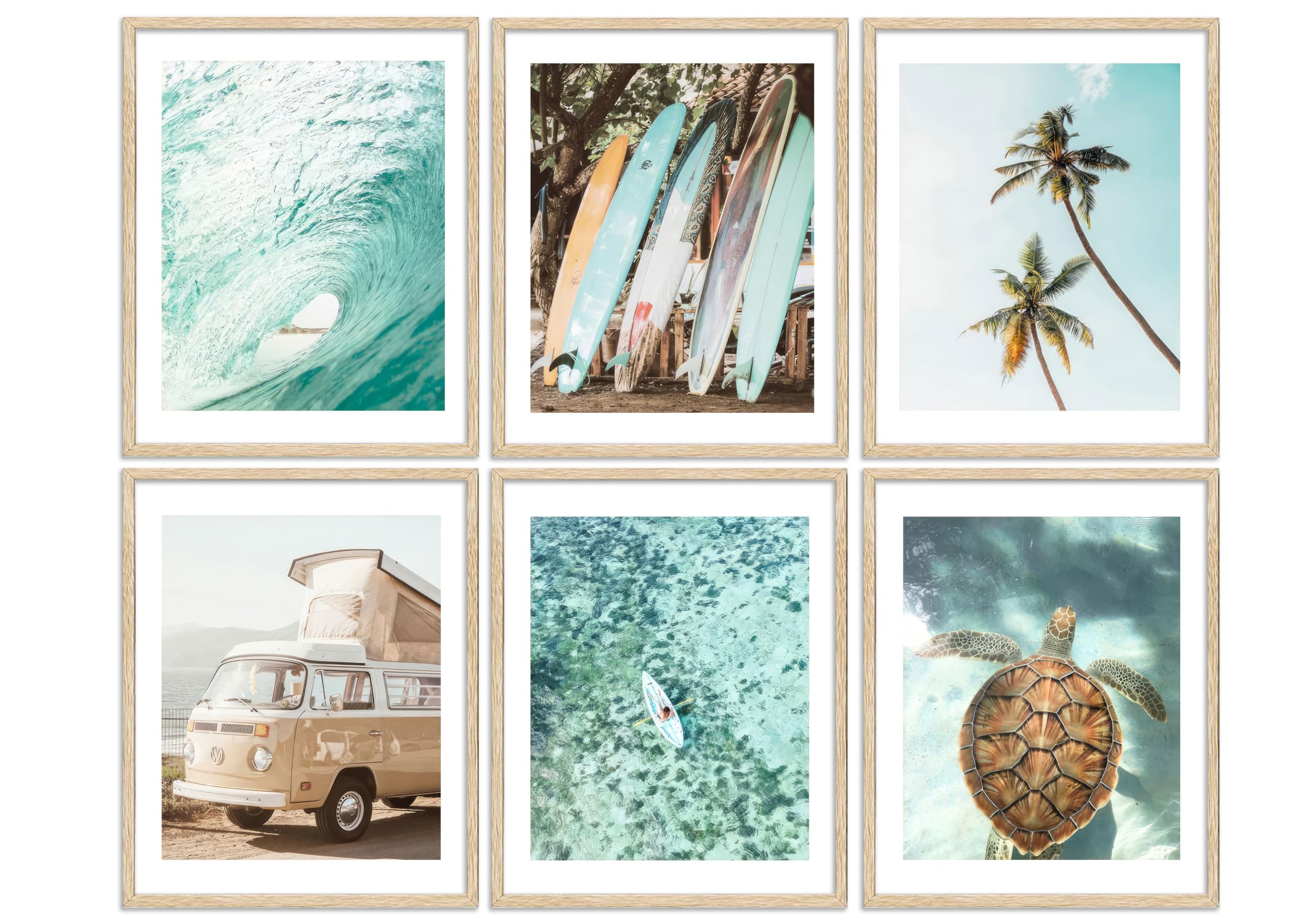 Set of 6 Tropical Beach Canvas Wall Art Surf Poster Summer Ocean Coastal Pictures Turtle Print Palm Tree Surfboard Gallery Paintings Nautical Bus Wall Decor for Bedroom Bathroom Unframed