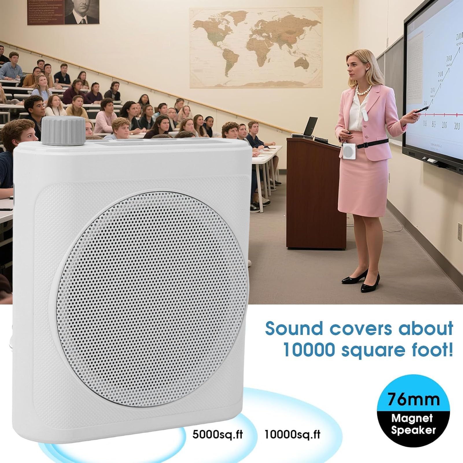 Amplificatore Vocale Wireless, Altoparlante da 76 Mm con Cancellazione del Rumore con 2 Microfoni Lavalier Magnetici, Bluetooth 5.4, Batteria da 25 Ore, per Conferenze, (Bianco)