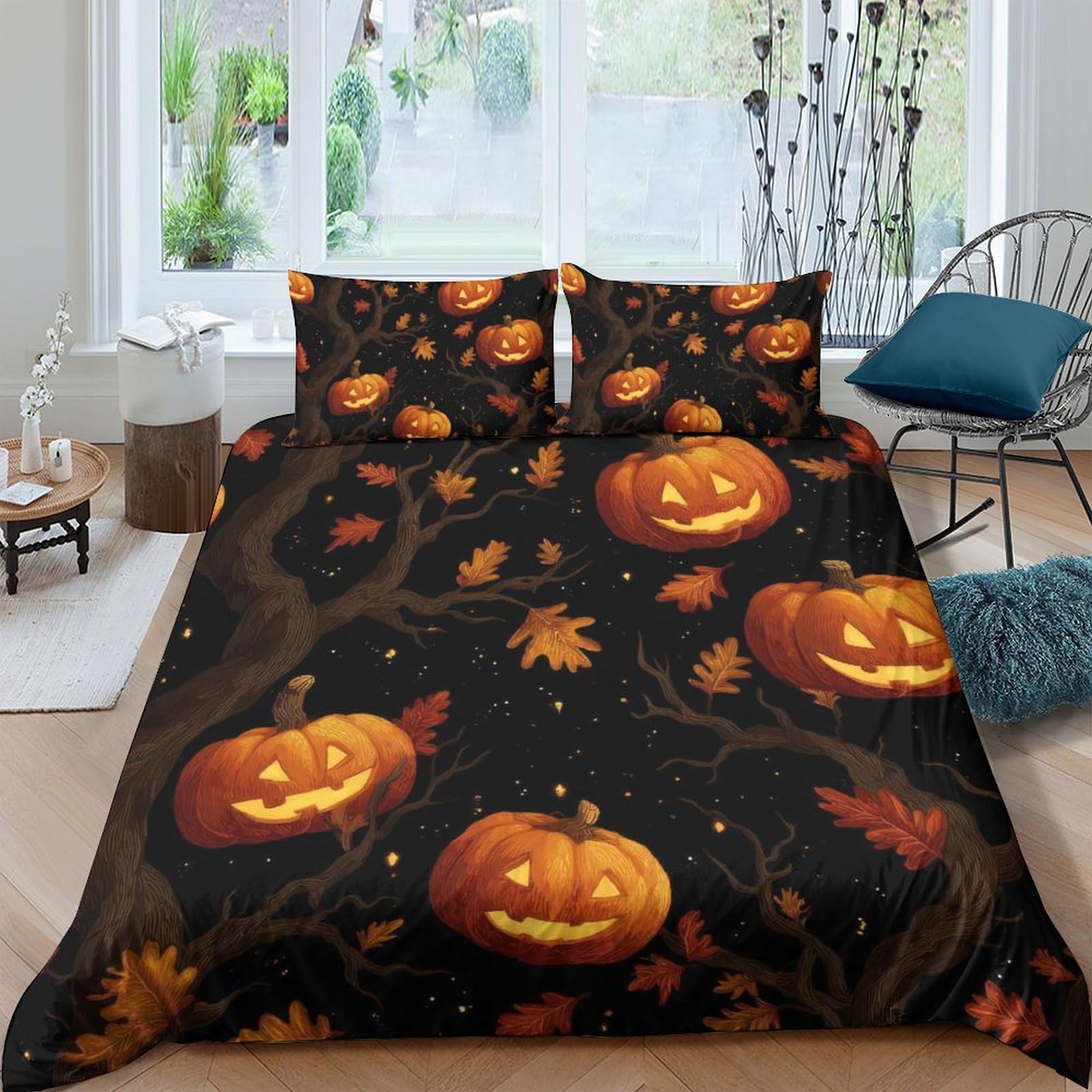 Ctjqhvkz Style-3 3D Printed Halloween Pumpkin Fitted Sheet Microfiber Black Autumn Leaves Mattress Cover For Bedroom Guest Room Dorm Decor Single（135X200cm）