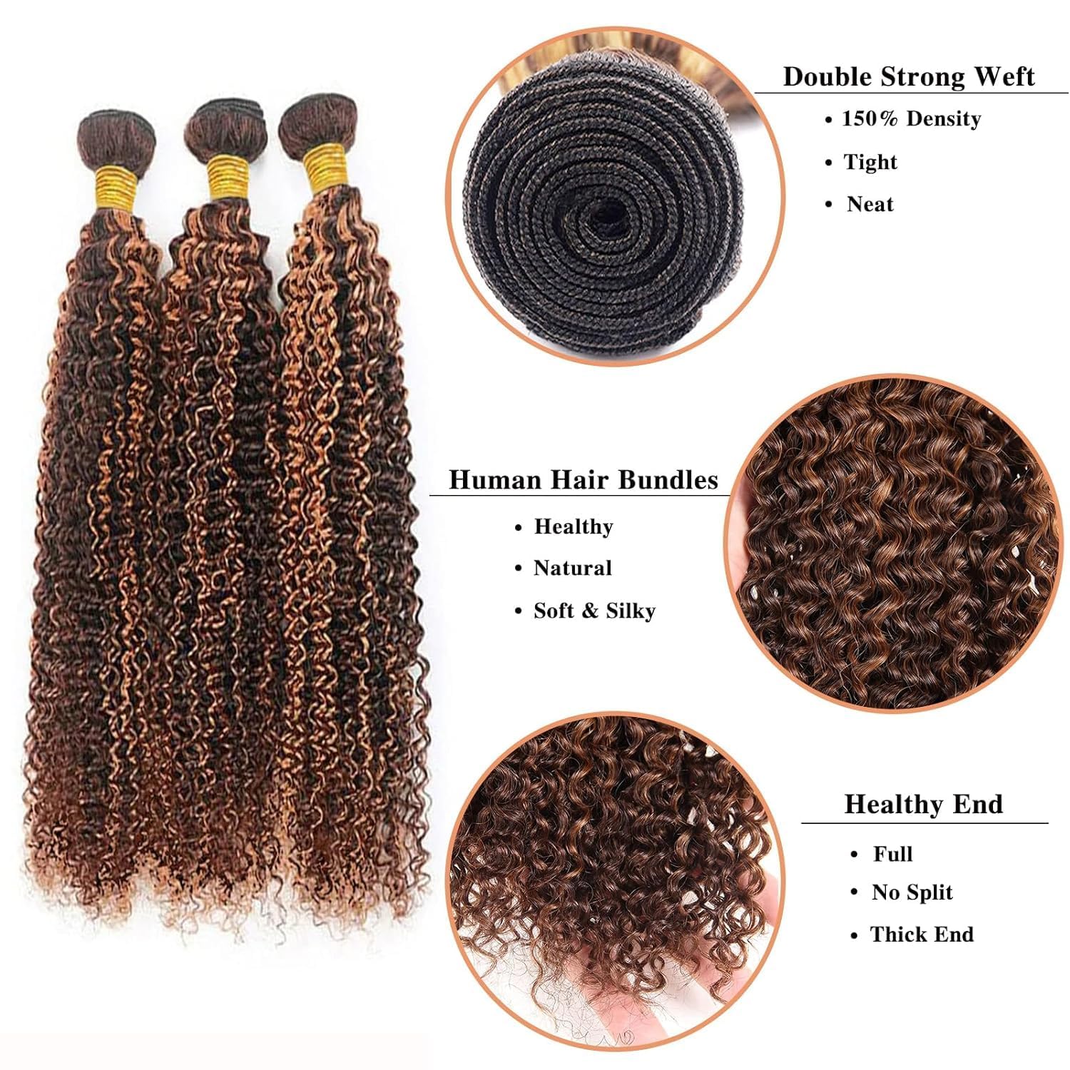 Highlight Human Hair Bundles Brown 14 16 18 Inch Color P4/30 Curly Wave Bundles Human Hair Extension Highlight Brown 12A Unprocessed Brazilian Virgin Double Weft Double Weft