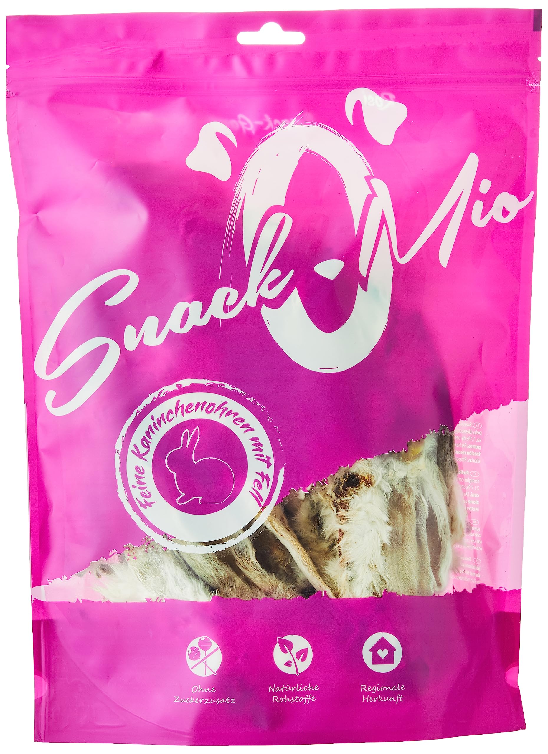 SnackOMio - Snack Premium para Perros - Orejas de Conejo Finas con Pelo, sin Cereales, 1 Pack (1 x 450 g)