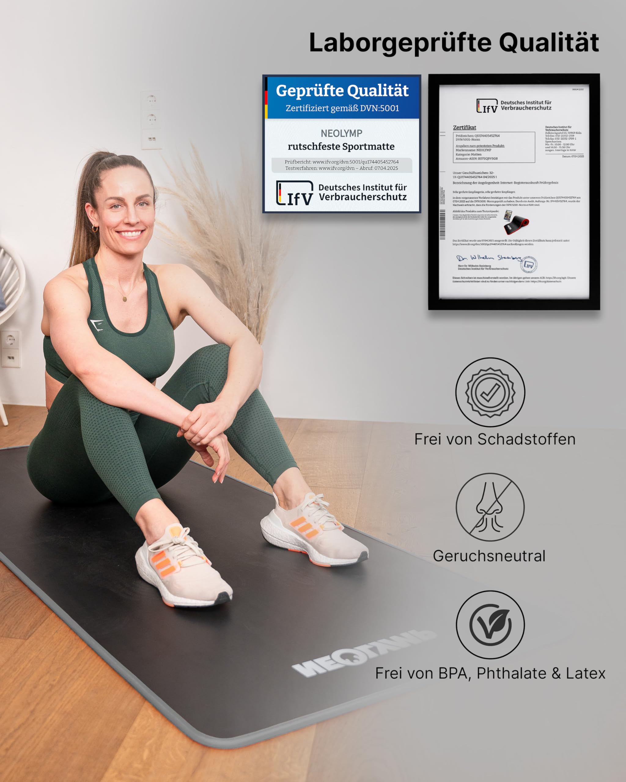 NEOLYMP extra dicke Fitnessmatte rutschfest inkl. Tragegurt & E-Book – Yogamatte, Gymnastikmatte, Sportmatte & Pilates Matte – Trainingsmatte für Zuhause, Studio & Outdoor (Grau 80 cm)
