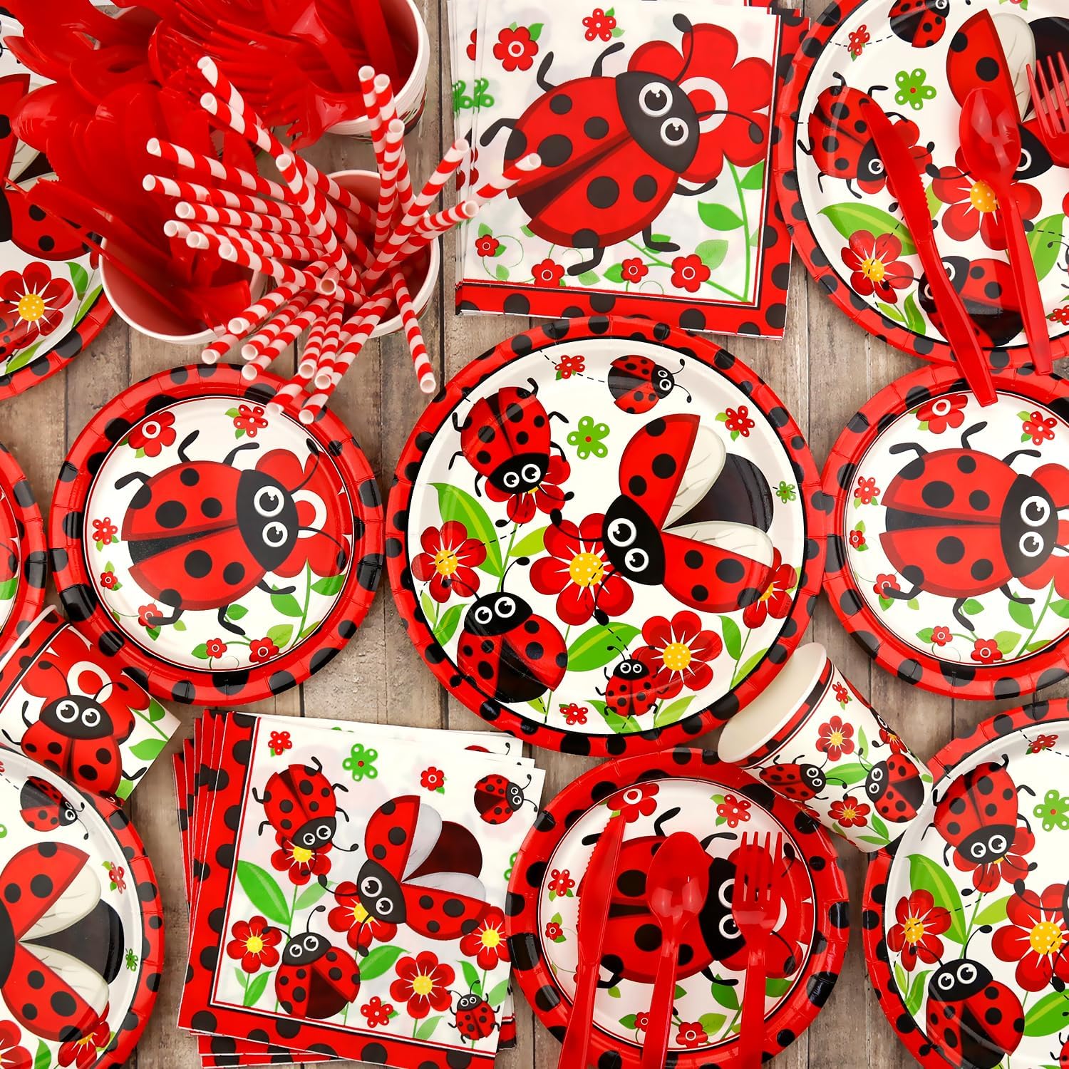Ladybug Birthday Decorations - Ladybug Party Decoration, Plates Cups Napkins Tablecloth Happy Birthday Backdrop Balloon Cake Toppers for Ladybug Themed Party Supplies, Serves 20