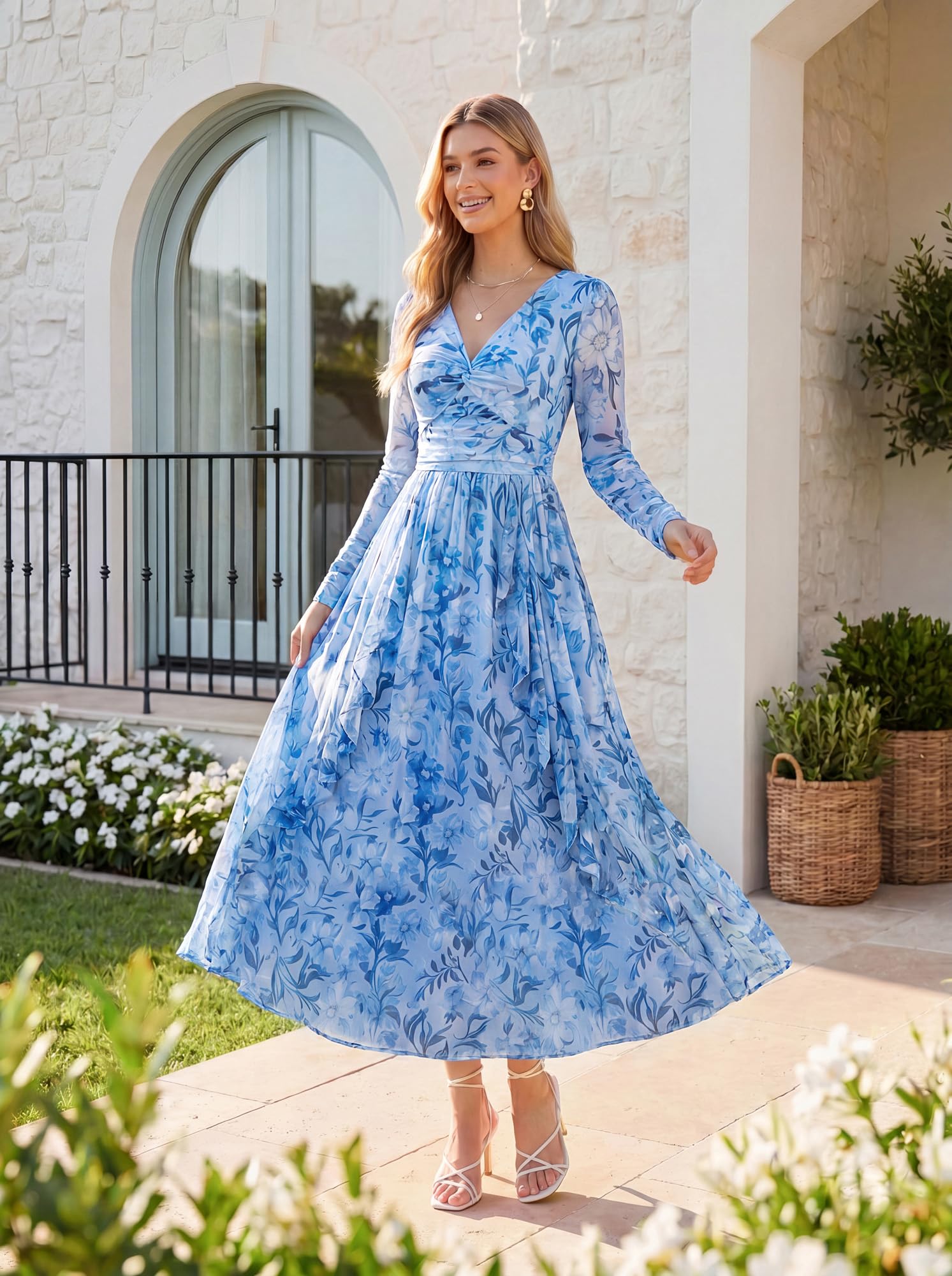 GRACE KARIN Damen Elegant Kleid V Ausschnitt Langarm Cocktailkleid | Maxilang,Halbtransparente lange Ärmel,Weiches und bequemes Netzgewebe,Gefüttert,Hochzeit,Party