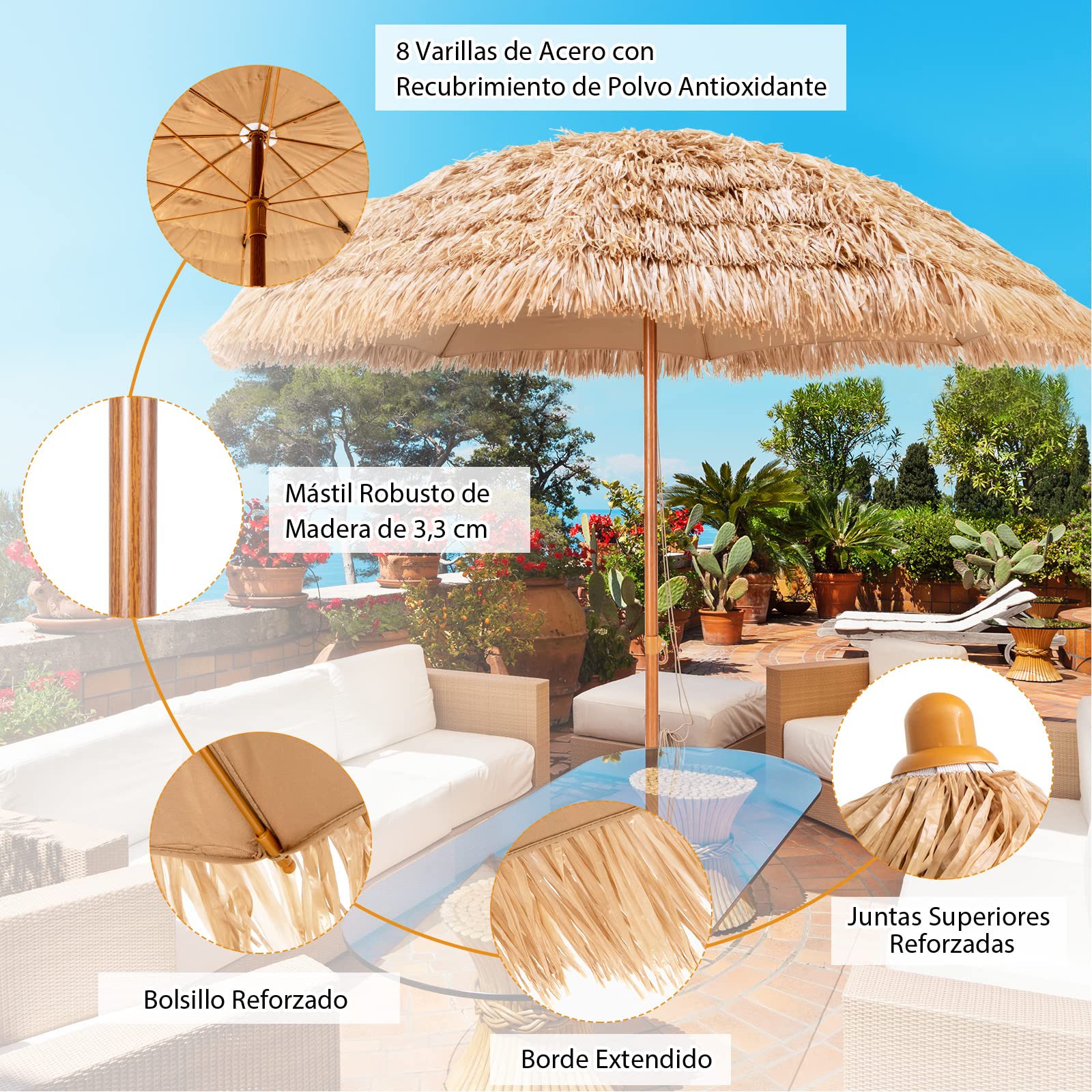 COSTWAY Sombrilla playa, Sombrilla Terraza Exterior con Apariencia de Paja y 8 Costillas, Sombrilla de Playa Inclinable y Plegable para Jardín, Parasol Exterior sin Base
