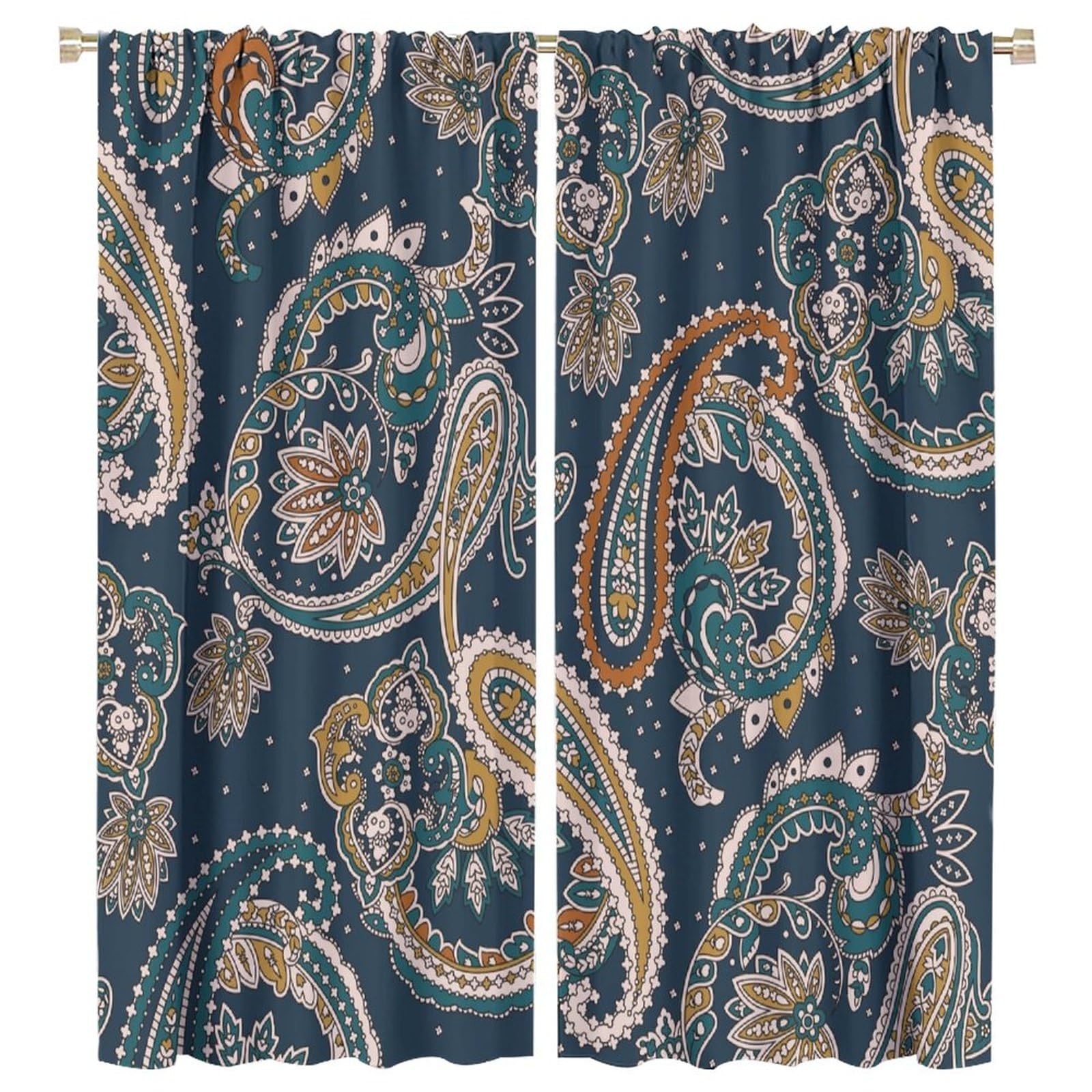 BenYaSong Paisley Flower Blackout Window Curtains,Traditional Indian Paisley Pattern Style Print for Living Room Bedroom Kitchen Restaurant Window Curtain Drapes 2 Panels 55x63in
