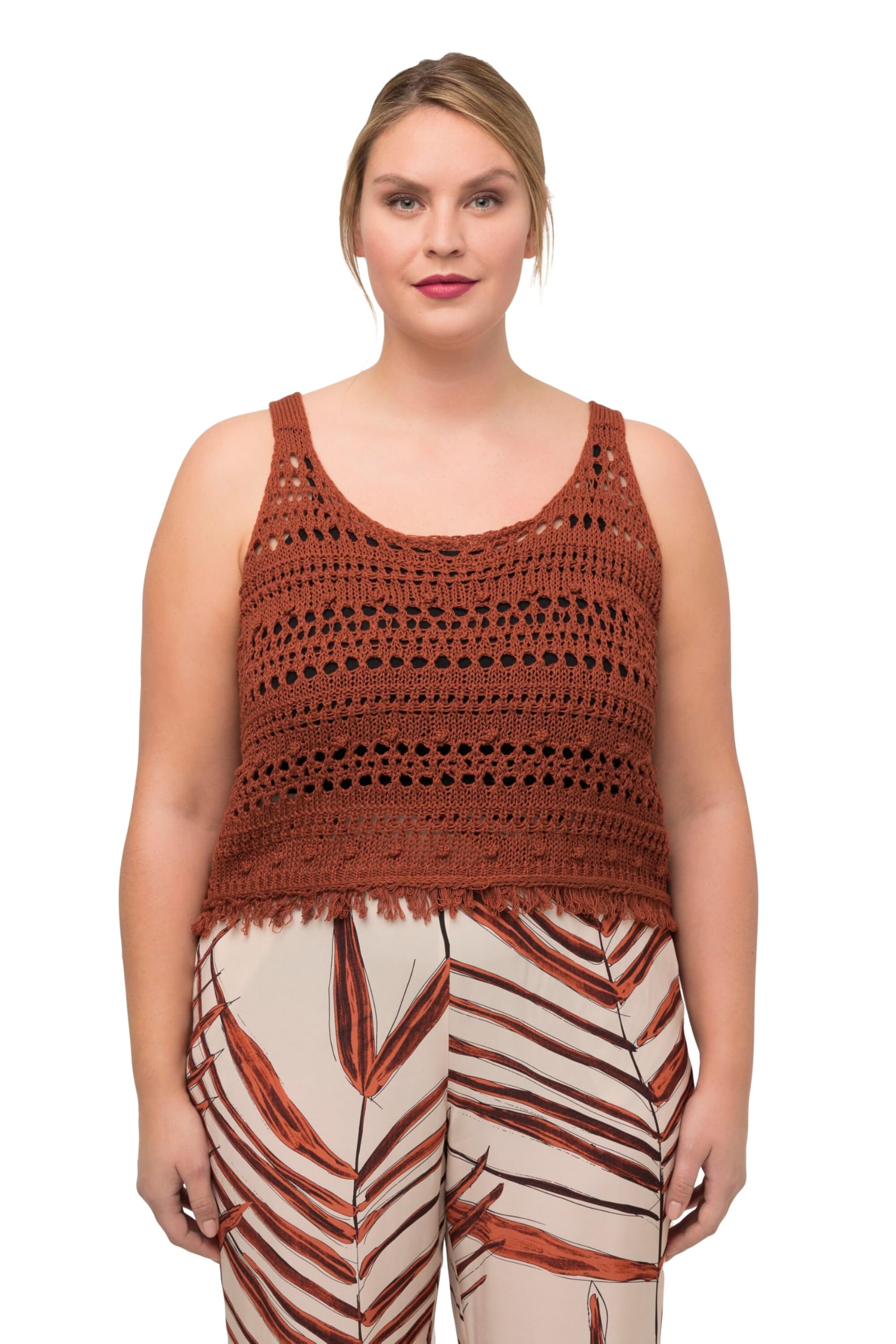 Ulla Popken Damen große Größen Übergrößen Plus Size Stricktop, Fransen, Classic, Rundhals, ärmellos 817487