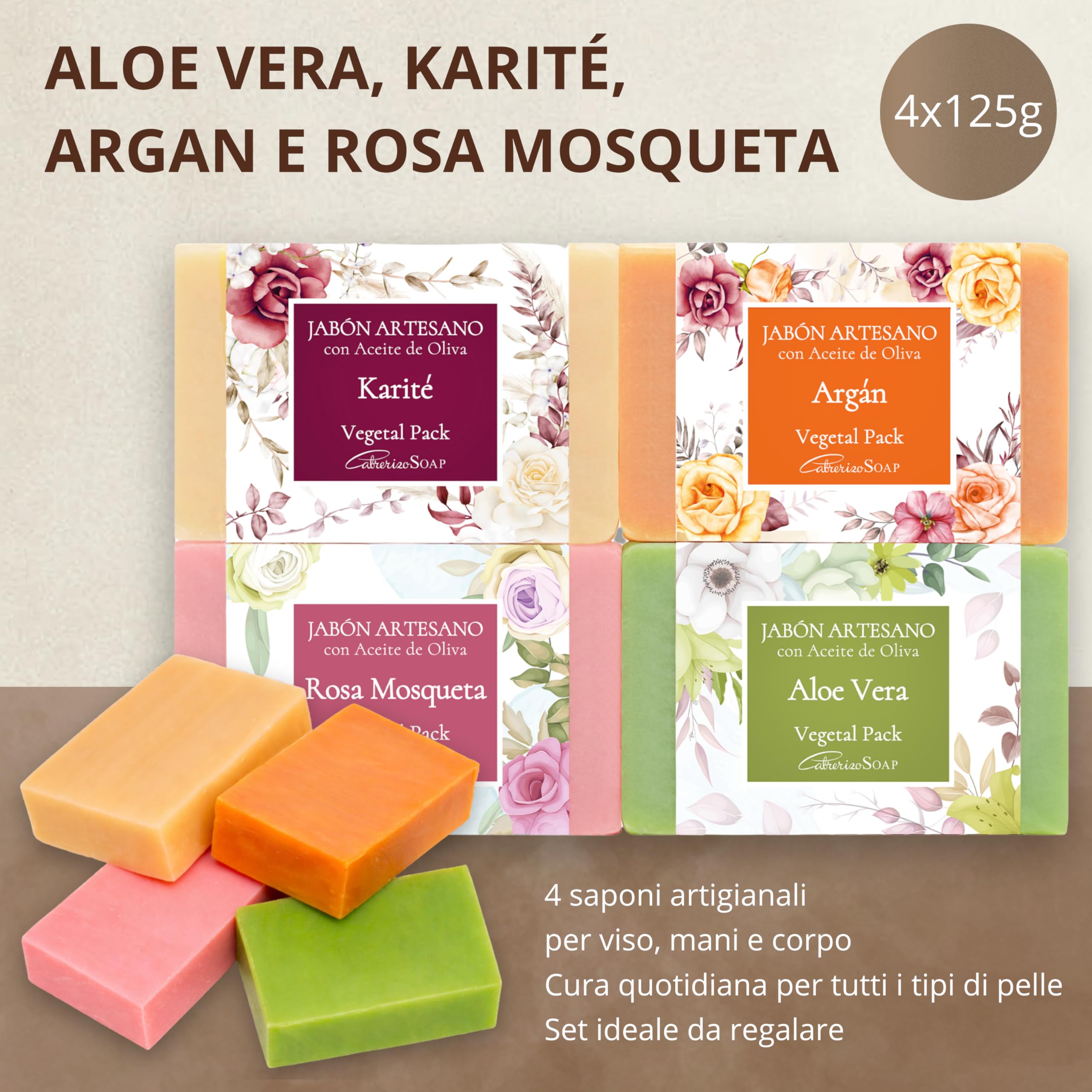 Set Sapone Naturale Corpo Karité, Argan, Mosqueta e Aloe – 4 saponette naturali 125 g in scatola – saponi naturali artigianali per viso, sapone solido corpo uso quotidiano
