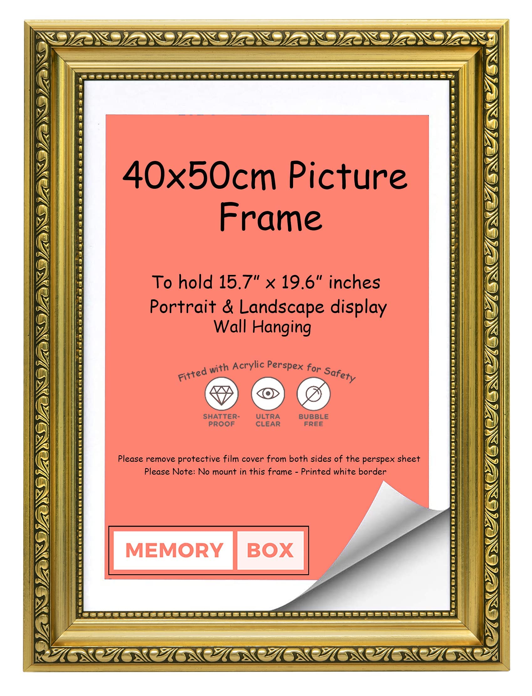 Memory Box Ornate Shabby Chic Picture/Photo/Poster frame with Perspex Sheet - (40 x 50cm) Gold 15.7" x 19.6"