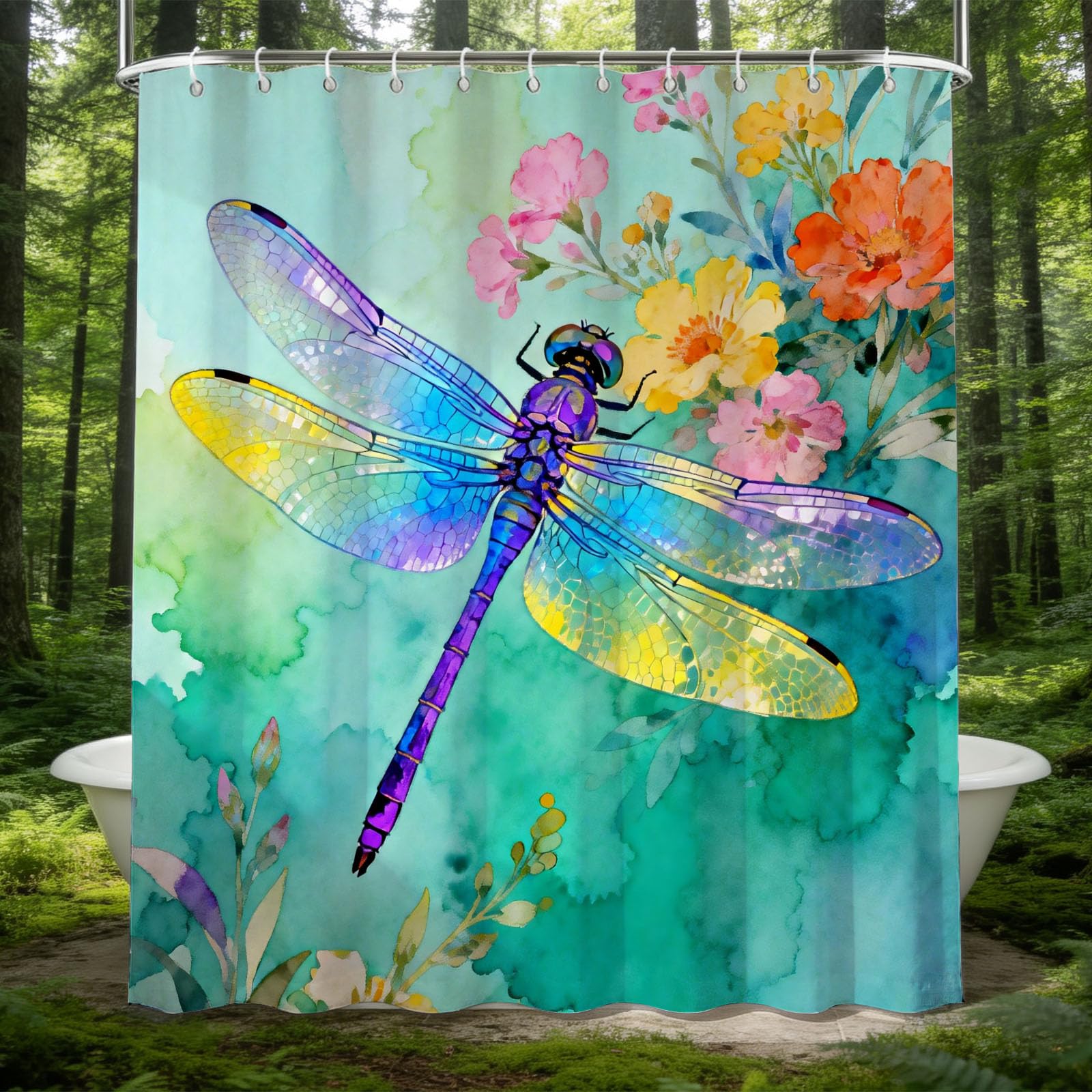 Hongduo 3D Dragonfly Shower Curtain for Stalls Bathtubs Insects Bathroom Decor Shower Curtain Set Polyester Fabric Waterproof 180x180cm/71X71 Inch with Hooks