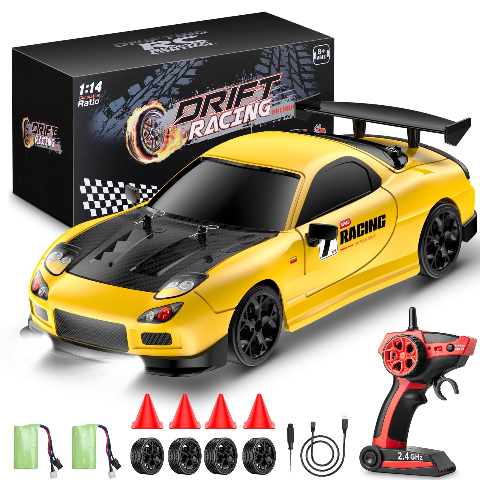ReinbowRiff RC Drift Car, 1:14 4WD Drift Remote Control Car 2.4GHz 28km/h High Speed Remote Control Racing Car, LED Lights,Racing and Drift Tires RTR for Teens, Kids, Boys