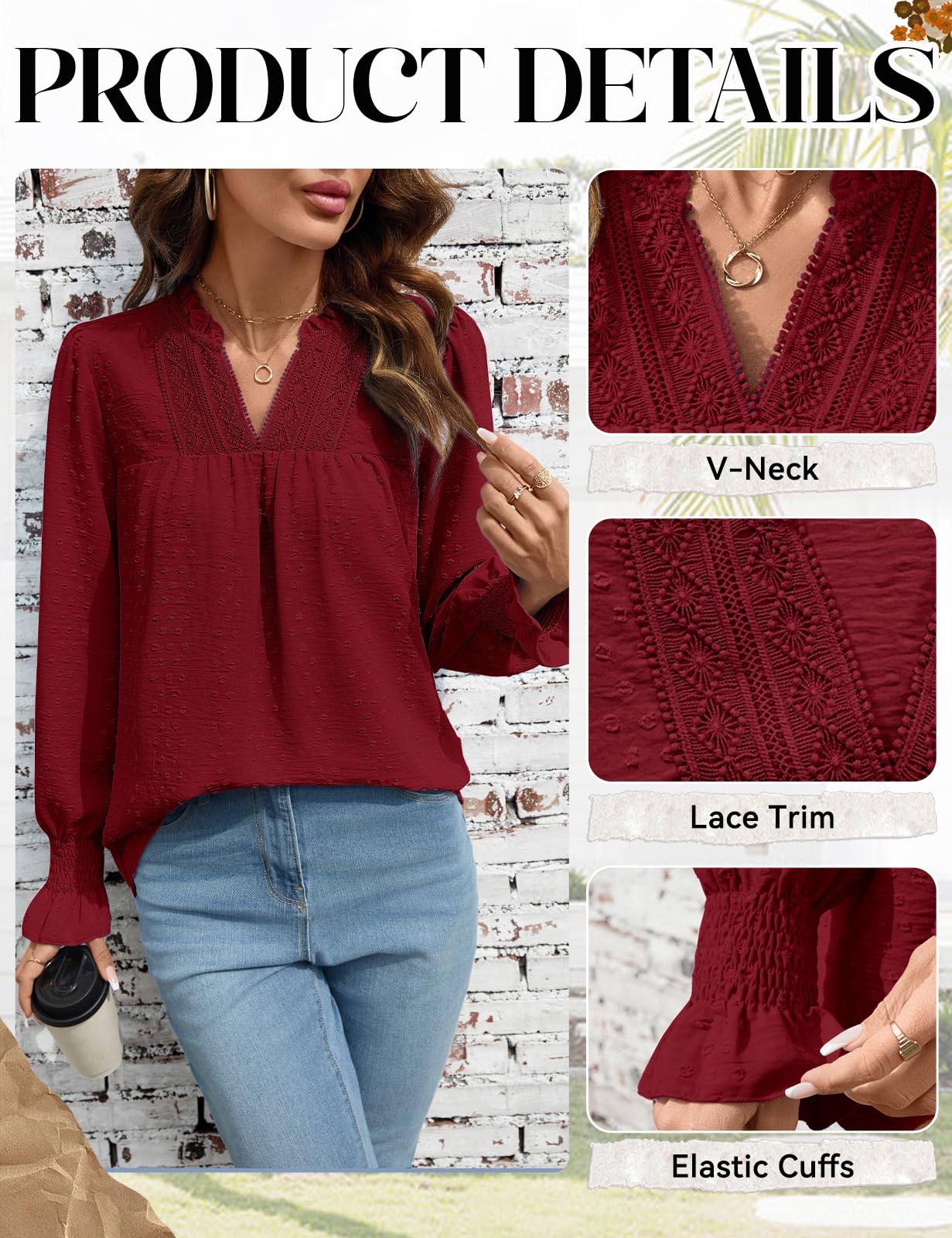 HEEKPEK Chemisier Femme Chic et Élégante Boheme Blouse Manche Longue Col en V Haut Femme Dentelle Printemps Été Automne Chemise Léger Tunique Top Décontractées Poignets à Volants
