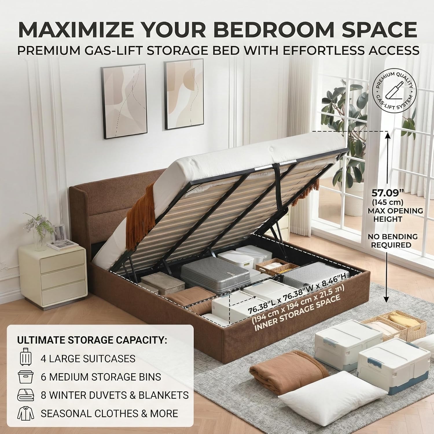 King Size Hydraulic Lift Up Storage Bed Frame with Wingback Headboard, No Box Spring Needed, Linen Upholstery, Easy Assembly, Large Underneath Storage, Coffee