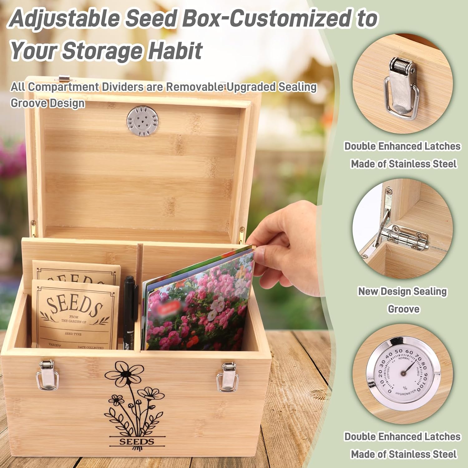 Professional-Designed Bamboo Seed Storage Box with Built-in Hygrometer, Double-Layer Airtight Lid and Safety Lock, Temperature-Stable Wooden Seed Organizer for Preservation, Great Gifts for Gardener - Image 4