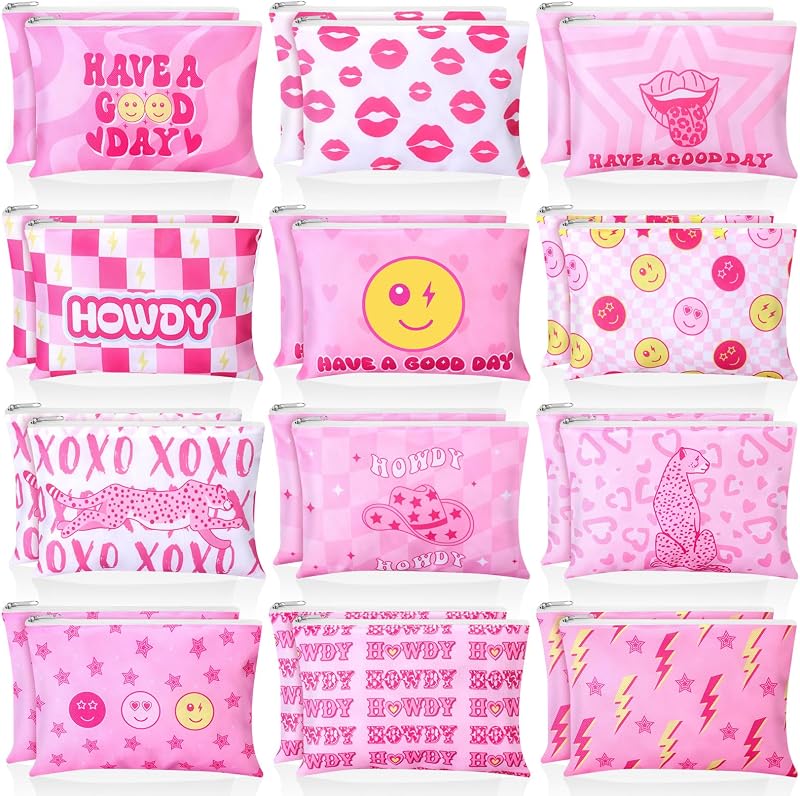 Blosssound Pacote com 24 necessaires de maquiagem em poliéster com zíper, 12 estilos, rosa, vermelho, branco e amarelo