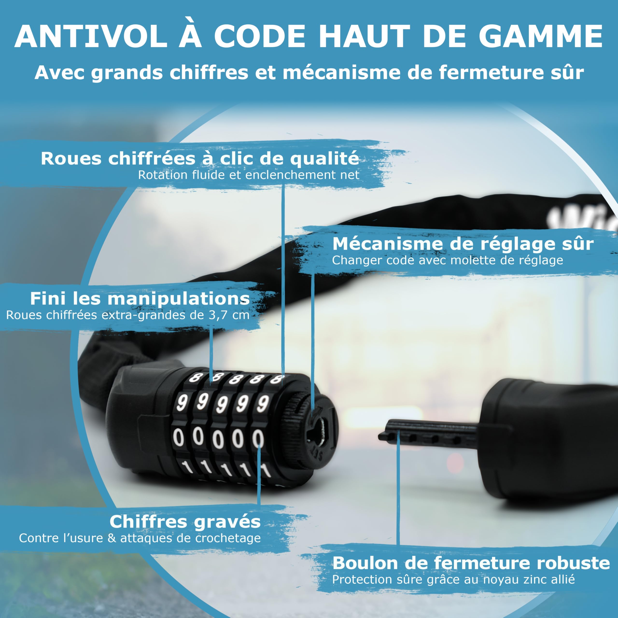 WIDDER antivol à combinaison vélo [5 chiffres, 850 g] antivol à code
