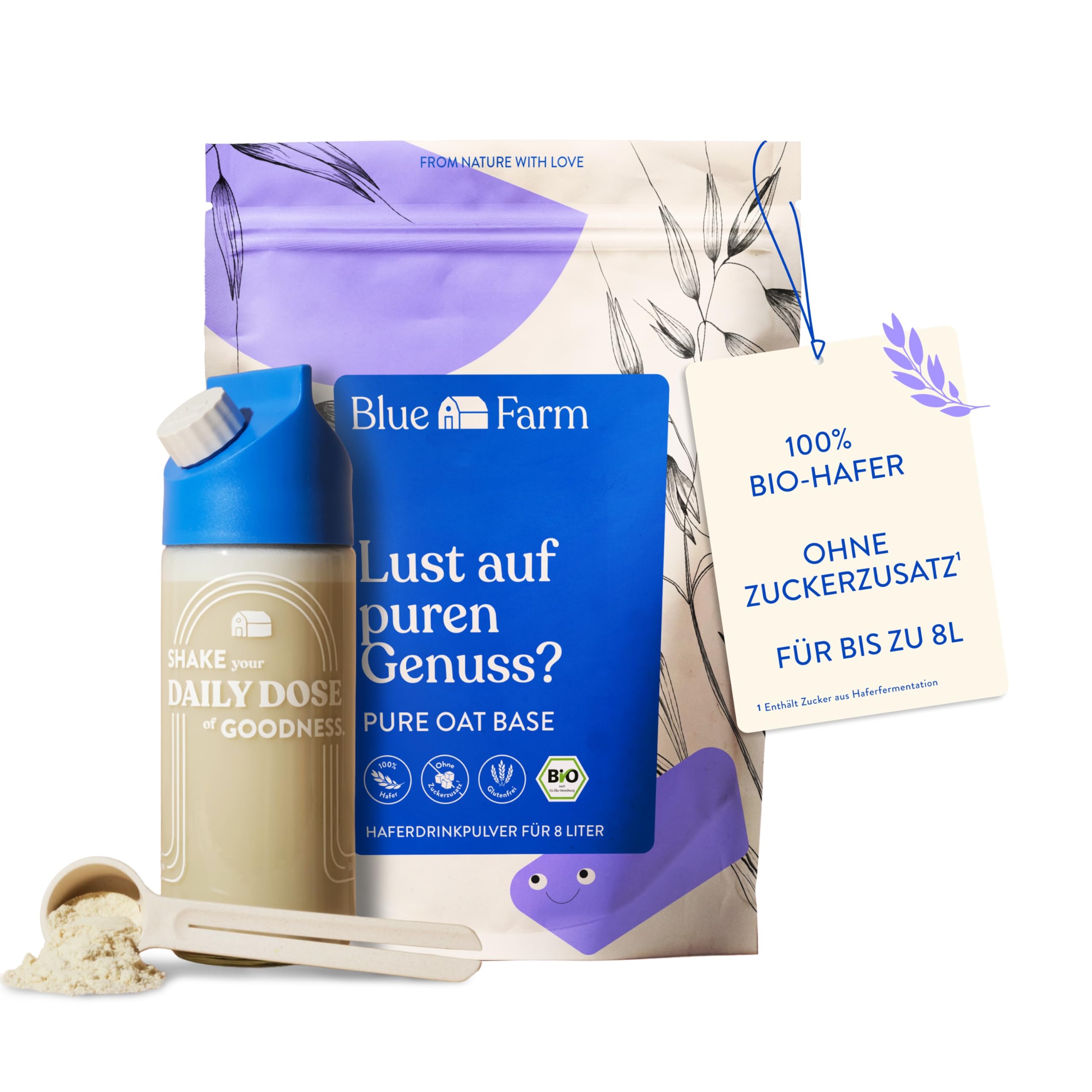 Blue Farm Starter Kit Deluxe bestehend aus Mixflasche, Dosierlöffel und 8 Liter Haferdrink zum Selbstmischen – 100% vegan, laktosefrei & glutenfrei – 90% weniger Verpackungsmüll