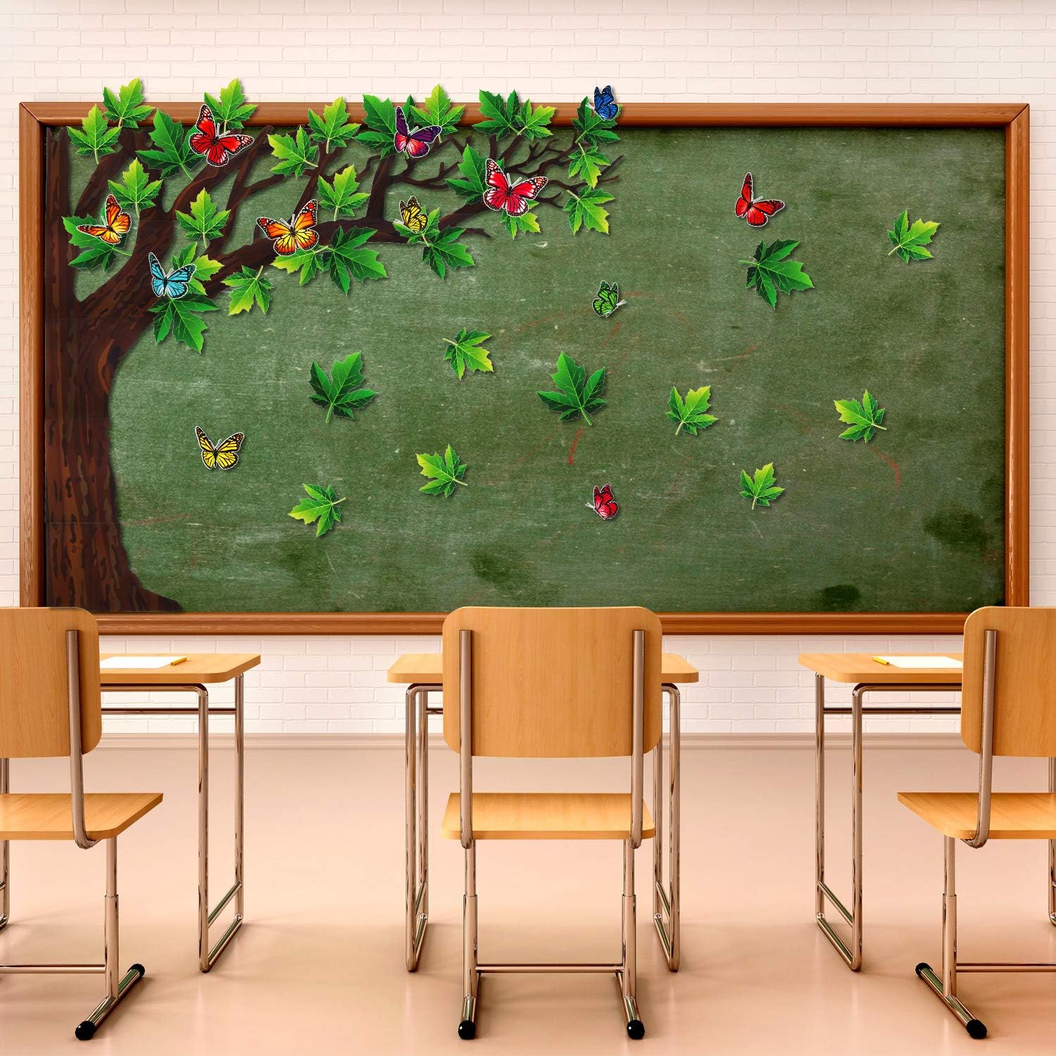 60 Pieces 70 x 55 Inch Classroom Big Tree Bulletin Board Set with Leaves and Butterflies, Woodland Whimsy Decor with 180 Pieces Removable Glue Point Dots for School Decoration(Stylish Green Leaf)