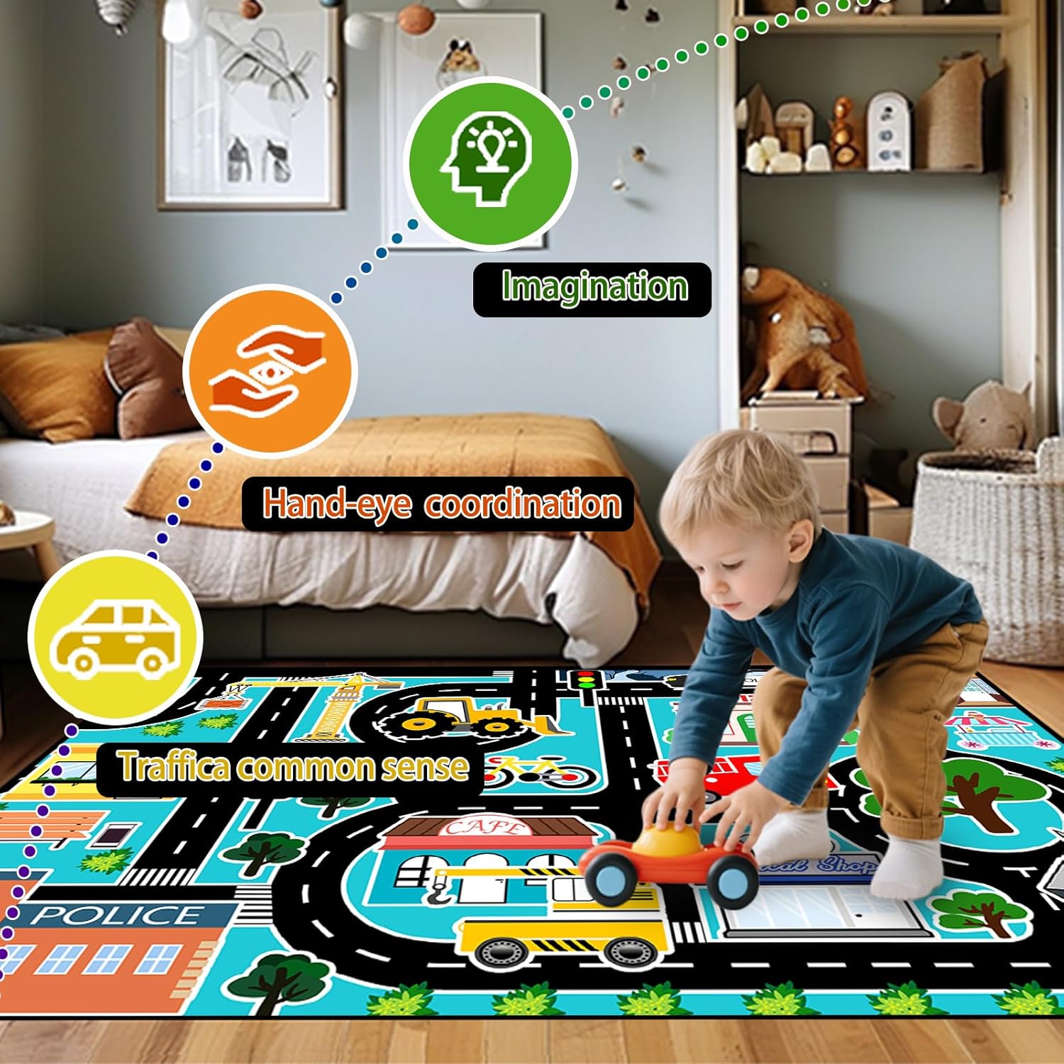 Car Rug Play Mat - Kids Play Rugs City Life Road Map Rug 5x7 Feet Large Educational Traffic Track Car Mat for Kids Toy Cars Carpet for Kid Bedroom Playroom Classroom Decor