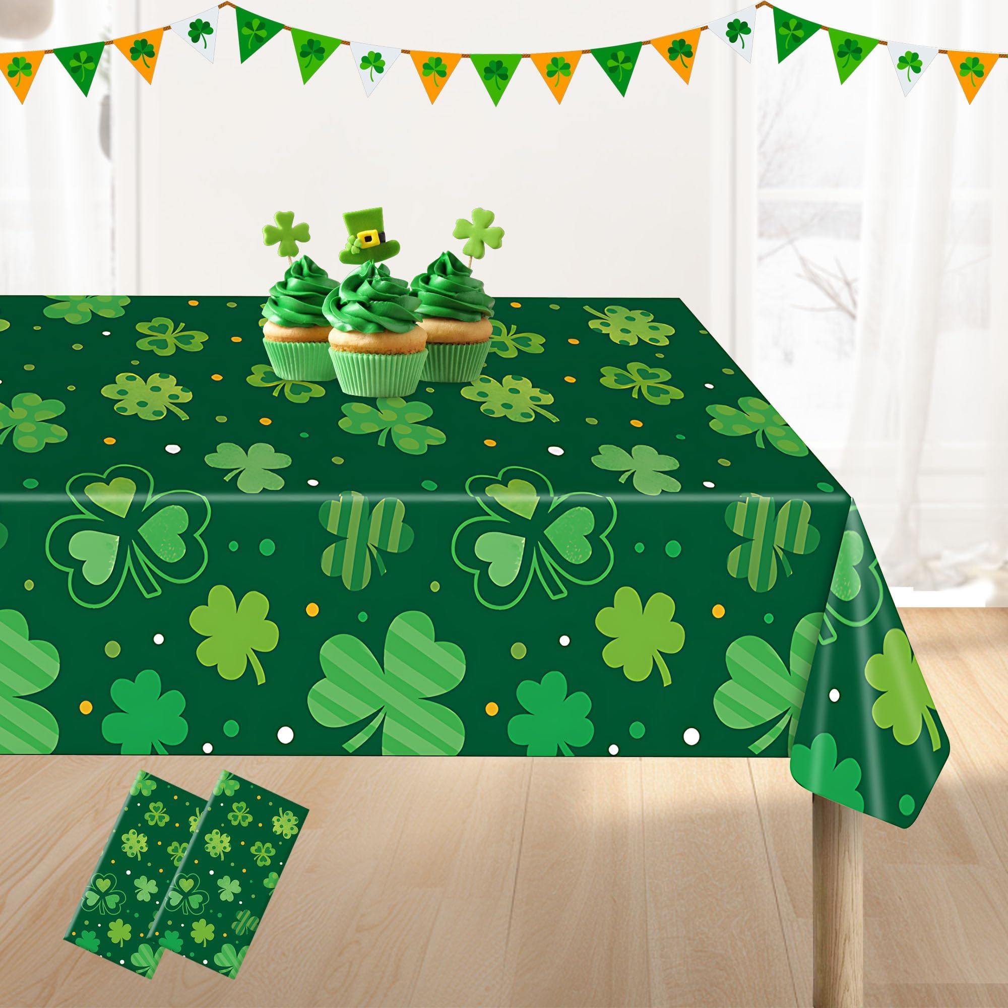 St. Patrick's Day Plastic Tablecloth: 137×274CM Irish Lucky Green Assorted Shamrock Clover Disposable Rectangle Table Cloth Cover for Saint Patrick's Day Dinner Table Decor Party Supplies(2 Pcs) — image 1