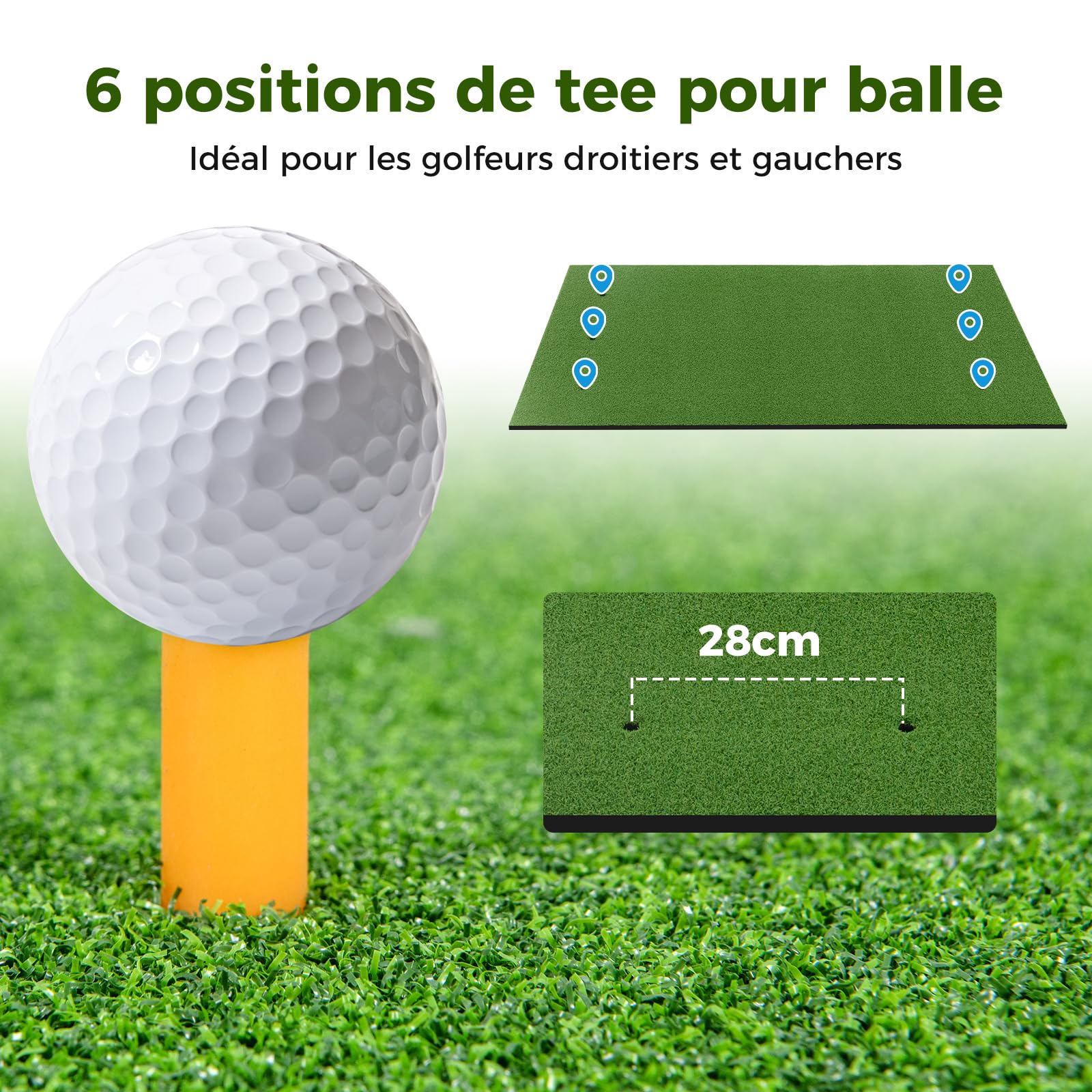 COSTWAY Tapis de Frappe de Golf, Tapis d'Entraînement de Golf avec 2 Positions de Tee et 2 Bâtons d'Alignement 6 Trous de Tee Pré-percés, pour Intérieure/Extérieure