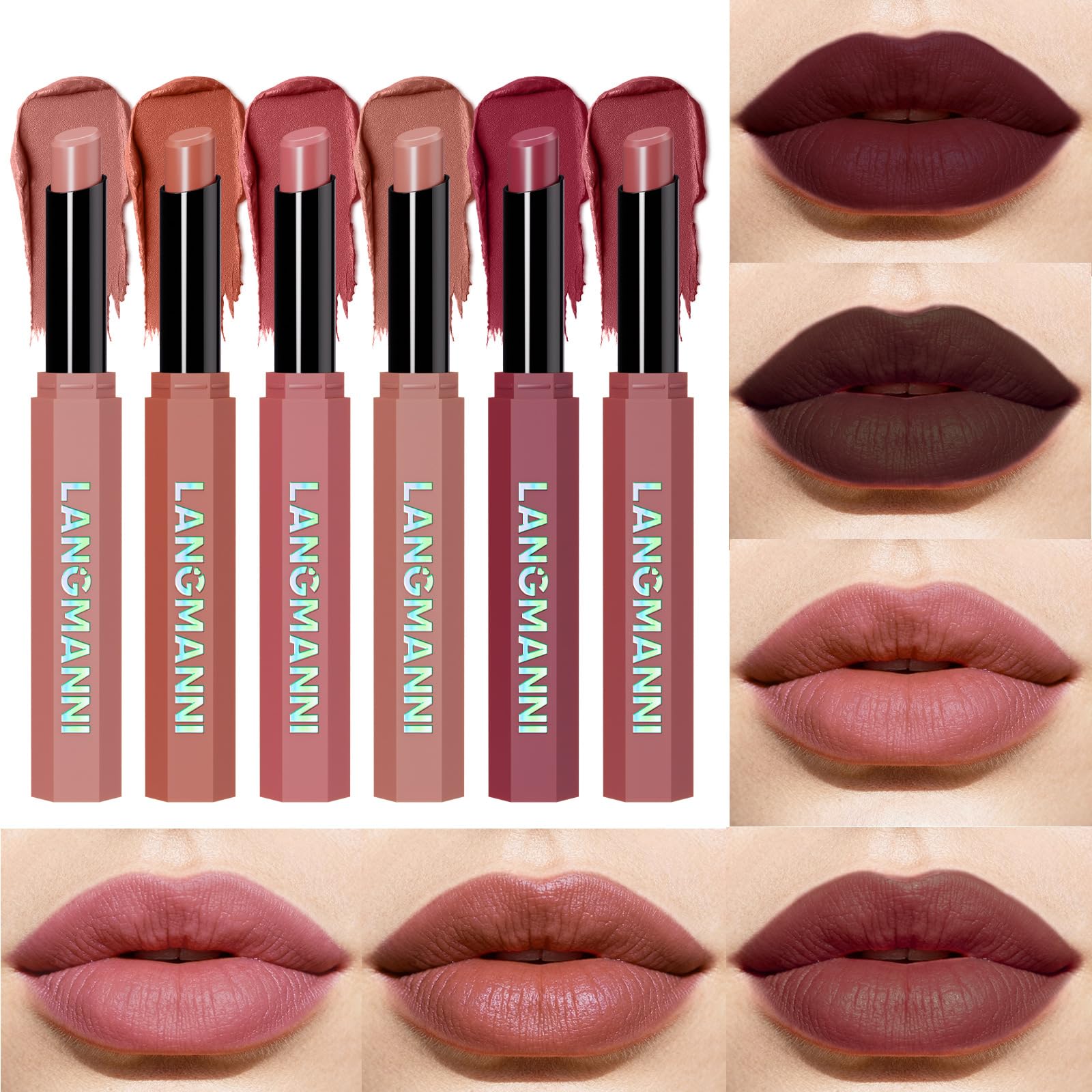 6PCS Velvet Matte Lipstick Set – Nude Brown, Mocha & Rosewood Shades – Soft Blur Full Coverage Lip Color Collection – Lightweight Long Lasting Creamy Matte Lip Makeup Kit for Everyday & Glam Looks