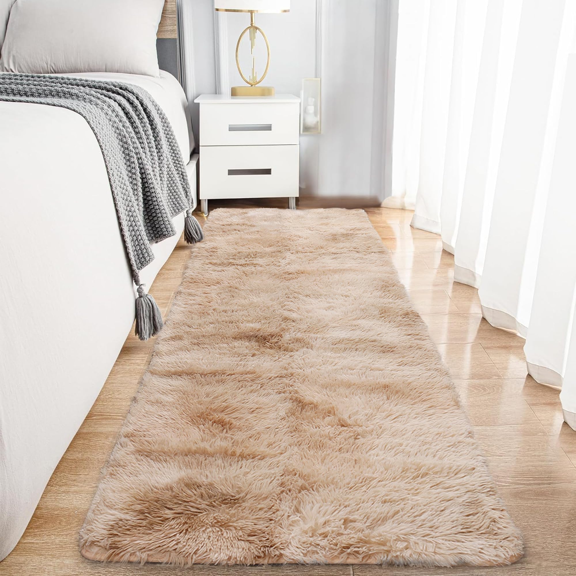 Hafaa Fluffy Shaggy Rugs Living Room Tie-Dye Beige 80x300 cm, Long Non-Slip Carpet Runner Rugs for Hallway, Soft Thick Pile Bedside Rug for Kids Bedroom, Nursery Room Non-Shedding