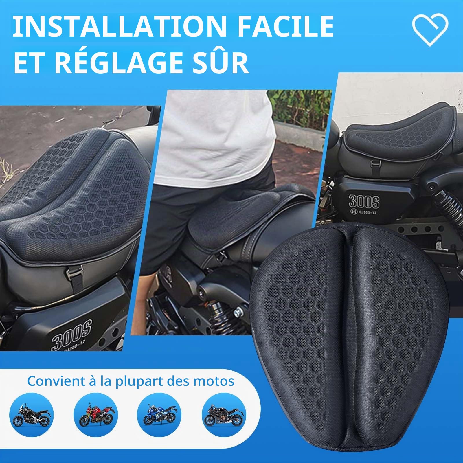 Coussin de Siège en Gel de Moto,coussin de Siège de moto en TPE à Structure Alvéolaire avec Pare-Soleil, Imperméable à la Pluie et Respirant, Adapté Aux Longues et Courtes Distances