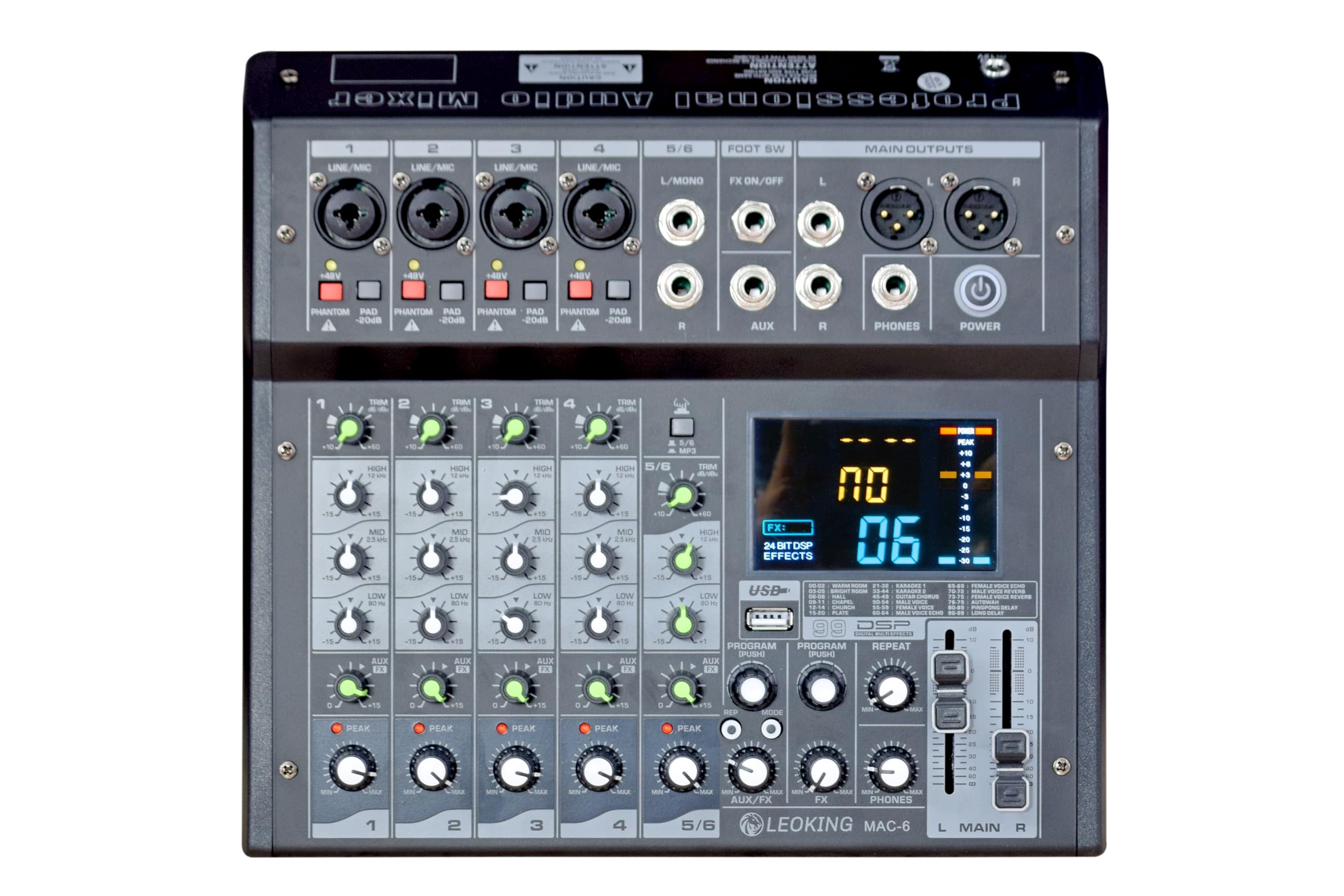 kh 6 channel audio interface sound board mixing console 24-bit dsp dj mixer audio reverb effect +48v phantom bluetooth studio audio mixer for karaoke studio streaming